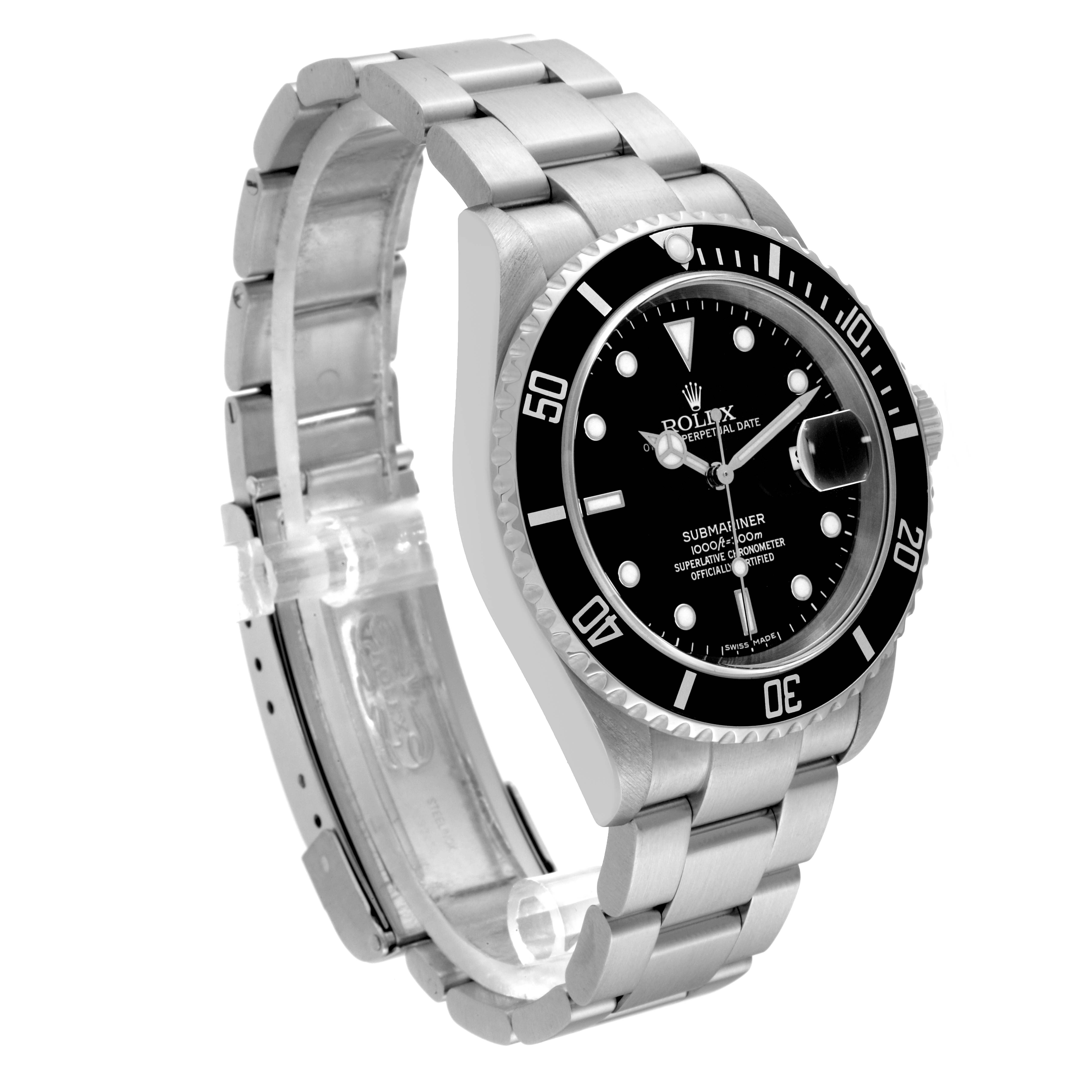 The image shows a three-quarter angle view of a Rolex Submariner 16610 Men's Stainless Steel Black Dial 16610 Men's Stainless Steel Black Dial watch, highlighting the bracelet, bezel, and dial.