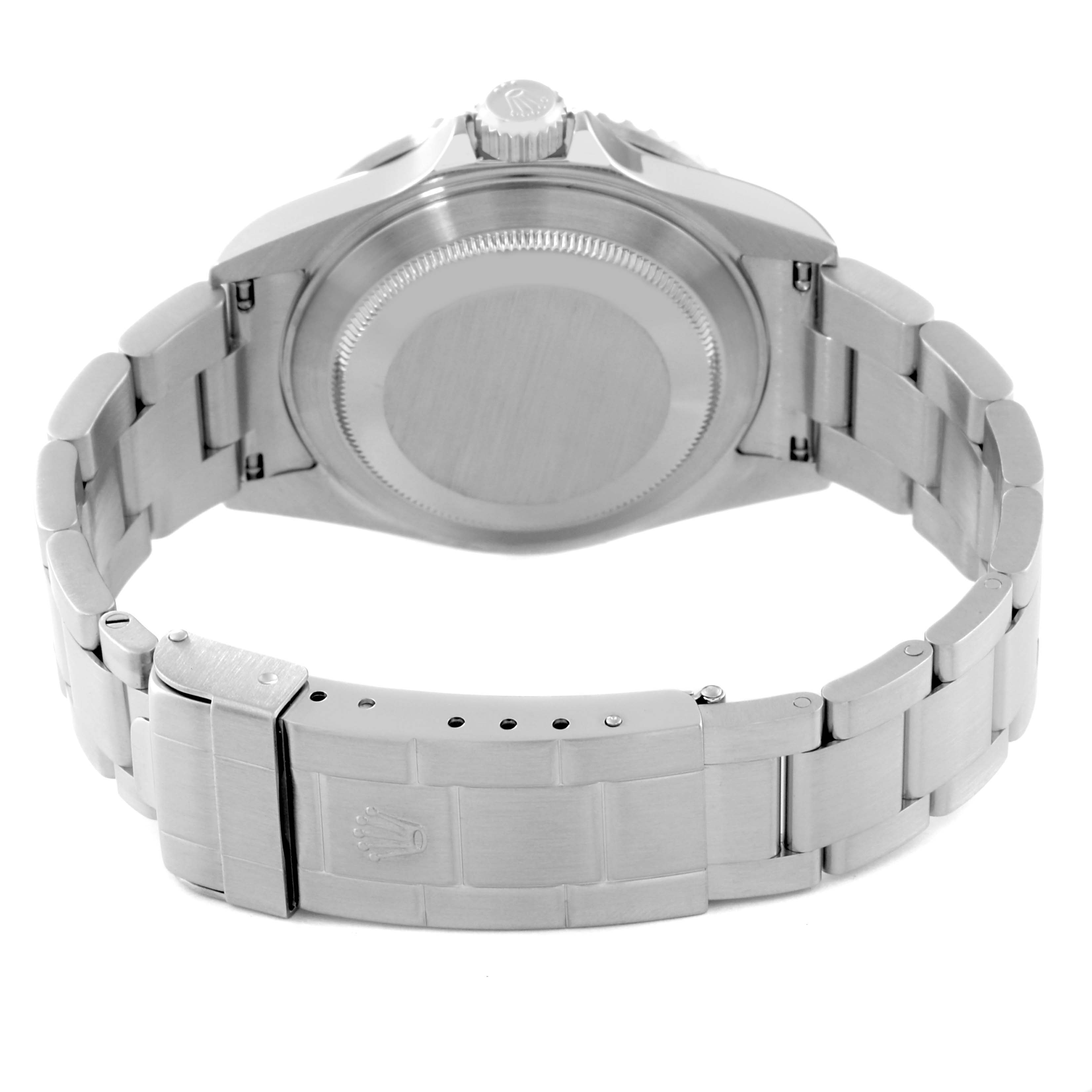 This image shows the underside of a Rolex Submariner 16610 Men's Stainless Steel Black Dial 16610 Men's Stainless Steel Black Dial, highlighting its bracelet, clasp, and case back.