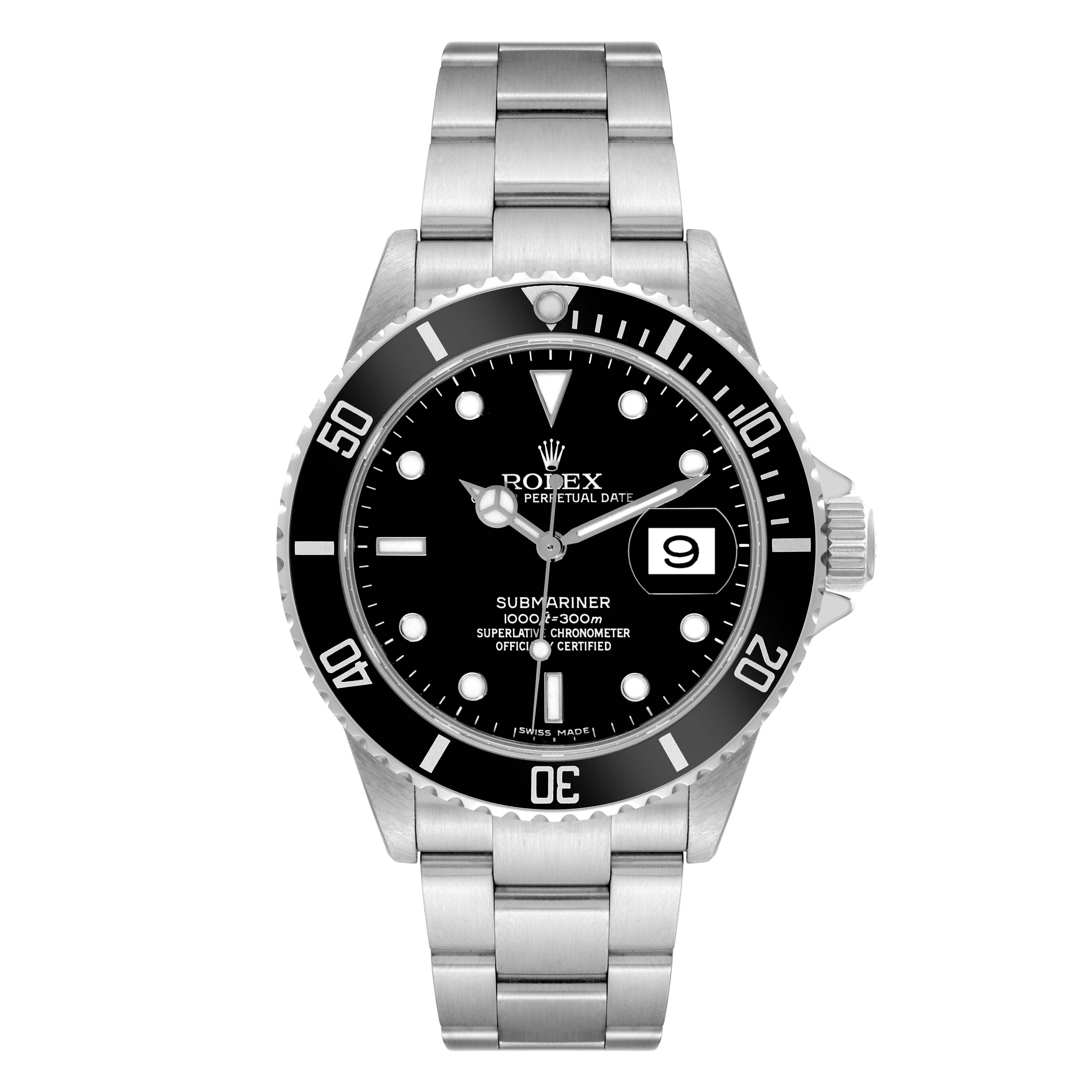 The image shows a front view of a Rolex Submariner 16610 Men's Stainless Steel Black Dial 16610 Men's Stainless Steel Black Dial watch, displaying its bezel, dial, bracelet, and date window.
