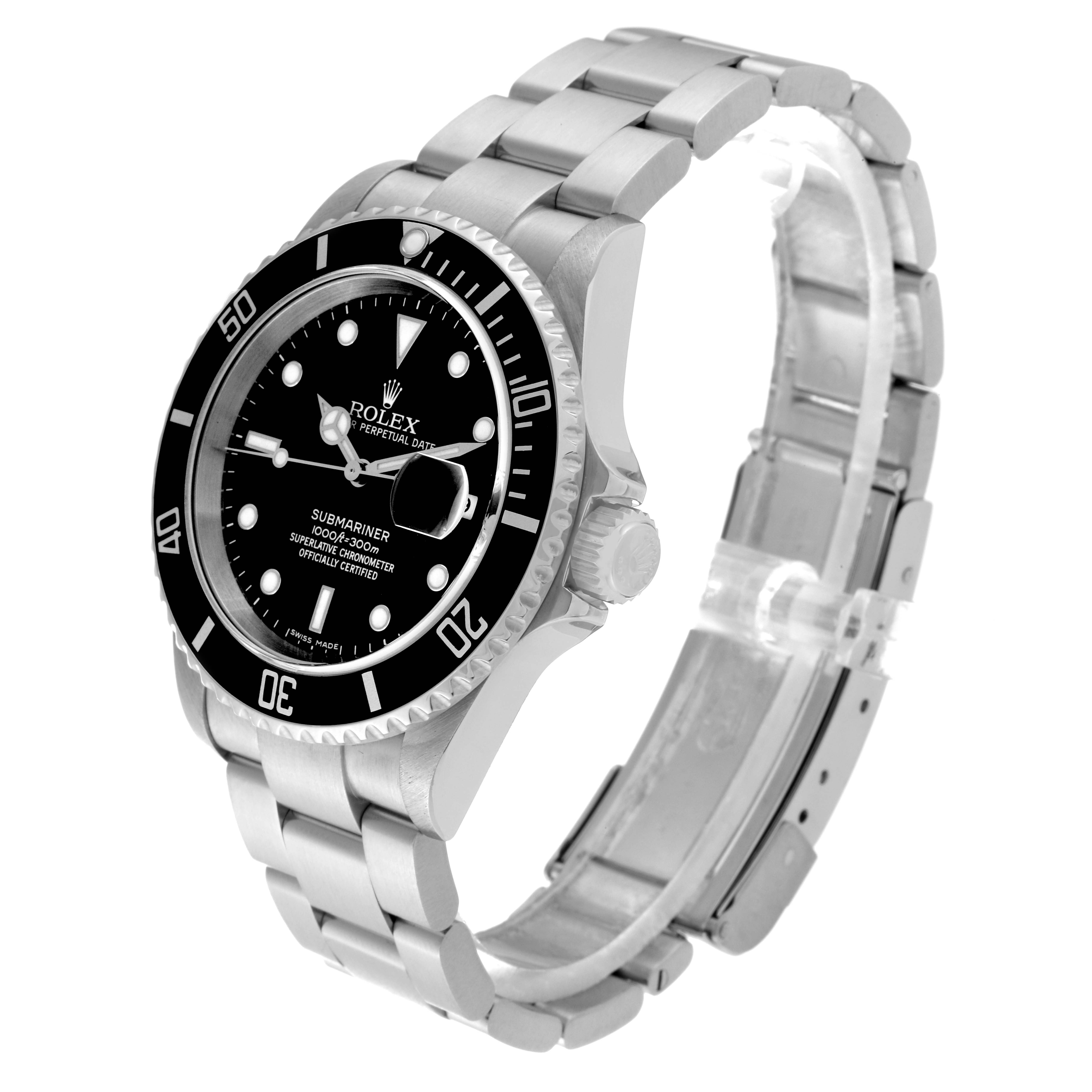 This image shows a side angle of a Rolex Submariner 16610 Men's Stainless Steel Black Dial 16610 Men's Stainless Steel Black Dial, displaying the face, bezel, crown, and part of the stainless steel bracelet.