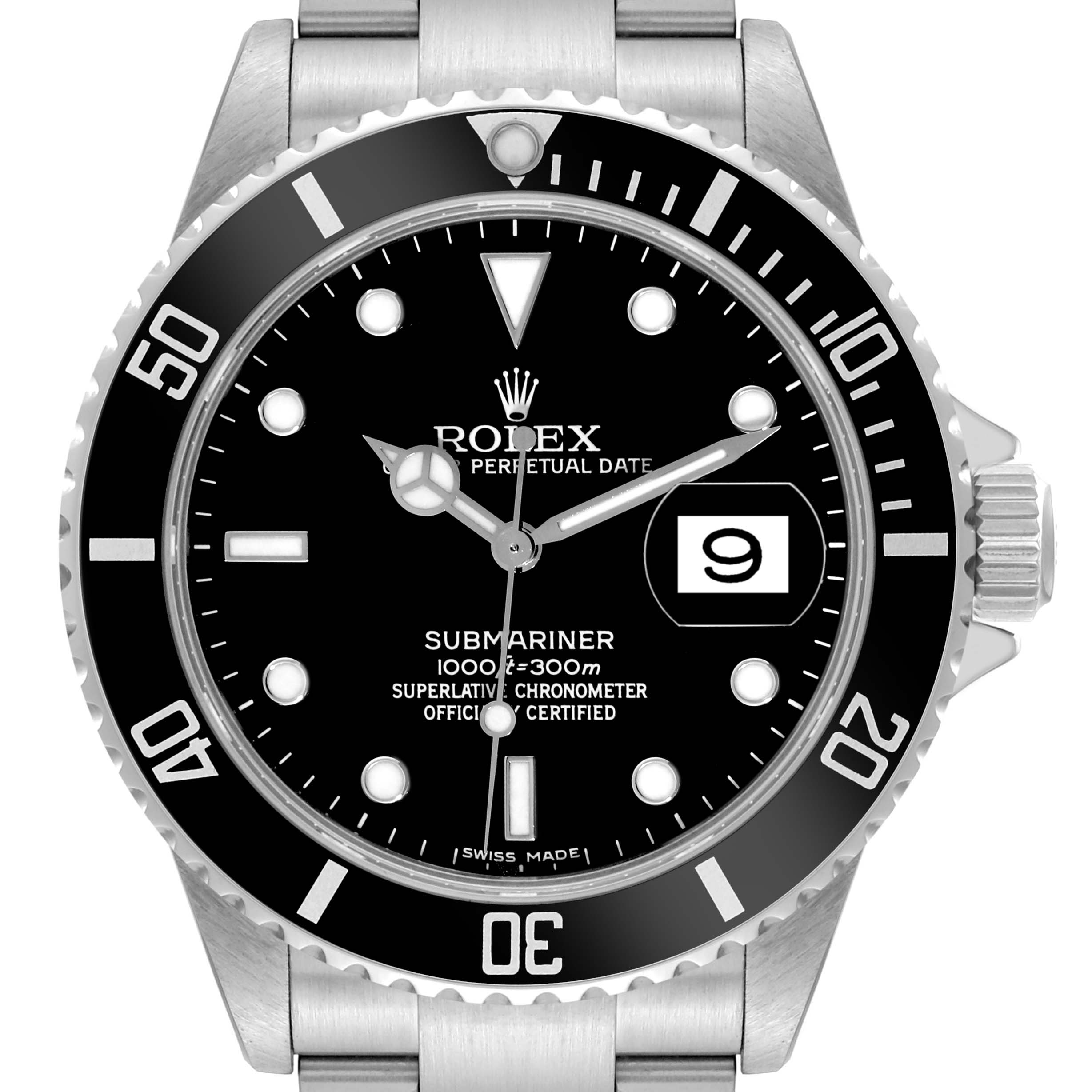This image is a front view of a Rolex Submariner 16610 Men's Stainless Steel Black Dial 16610 Men's Stainless Steel Black Dial watch, displaying the dial, bezel, hands, and part of the bracelet.