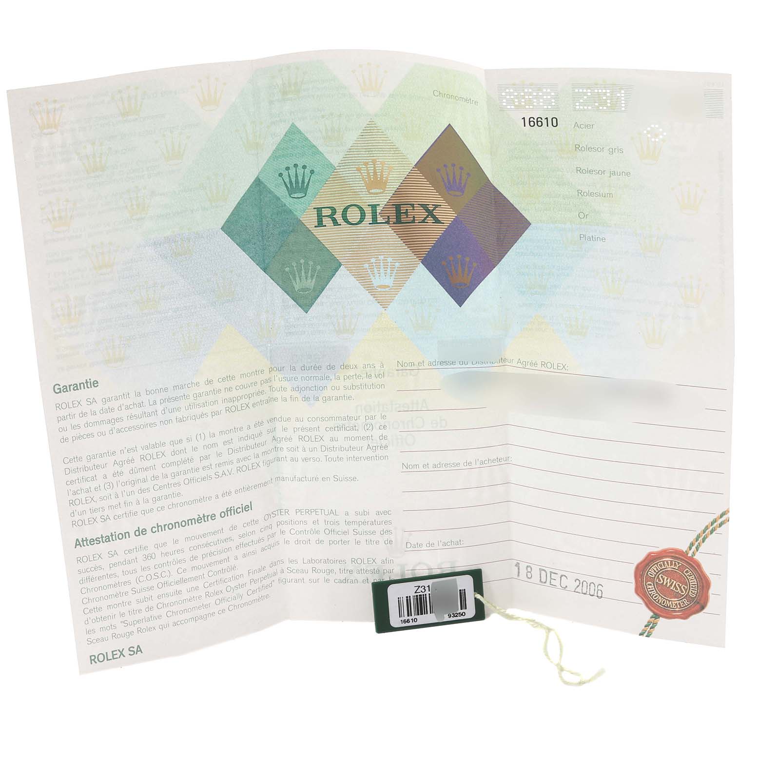 The image shows the warranty and certification paperwork for a Rolex Submariner 16610 Men's Stainless Steel Black Dial 16610 Men's Stainless Steel Black Dial model, with the model number 16610 clearly visible.