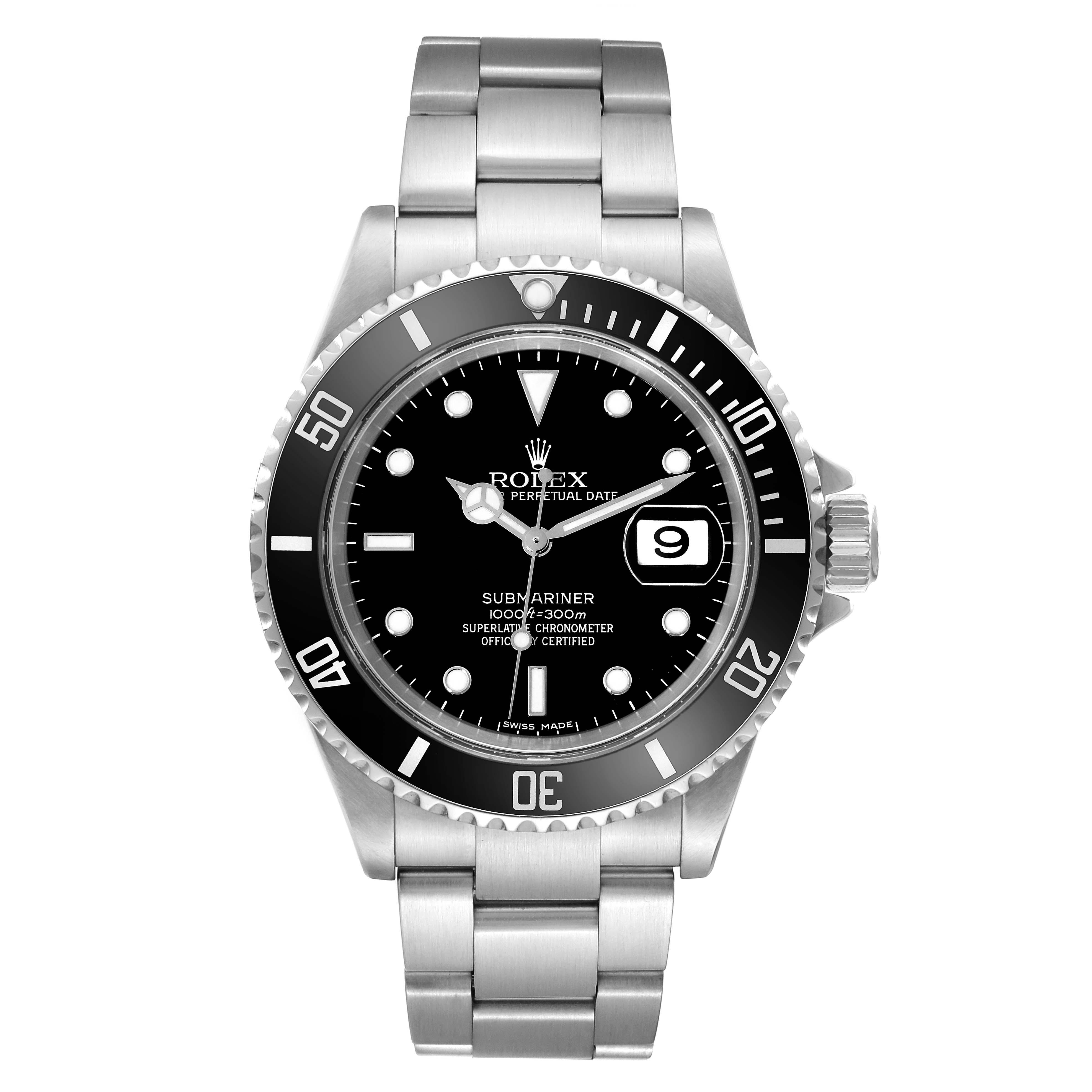 The image shows a frontal view of the Rolex Submariner 16610 Men's Stainless Steel Black Dial 16610 Men's Stainless Steel Black Dial watch, highlighting its dial, bezel, crown, and bracelet.