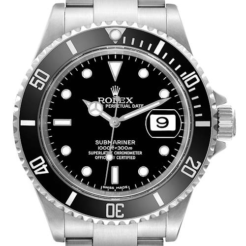 This Rolex Submariner watch is shown from the front, displaying the dial, bezel, crown, and part of the bracelet.