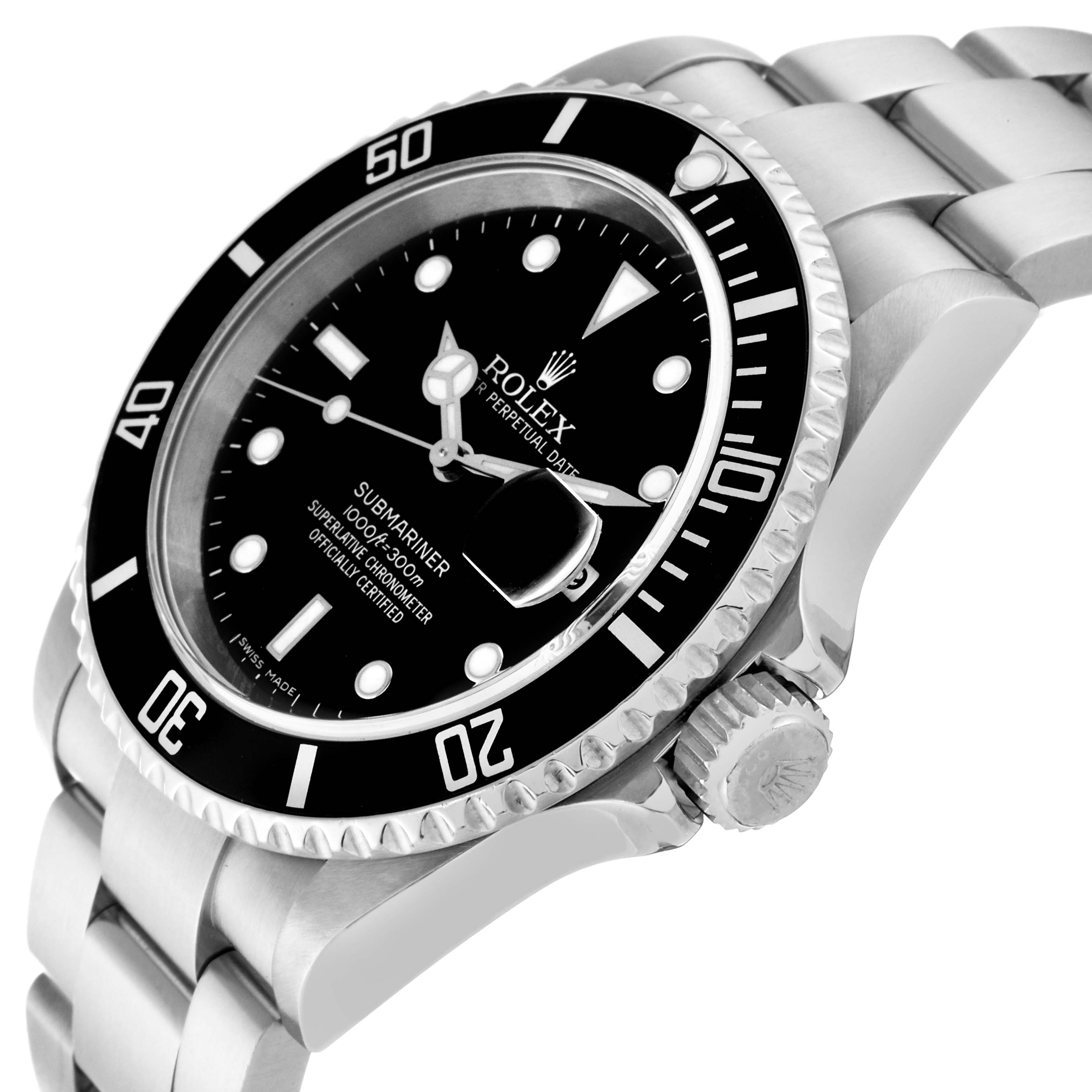 The image shows a close-up angle of the Rolex Submariner 16610 Men's Stainless Steel Black Dial 16610 Men's Stainless Steel Black Dial watch, displaying the dial, bezel, crown, and part of the bracelet.