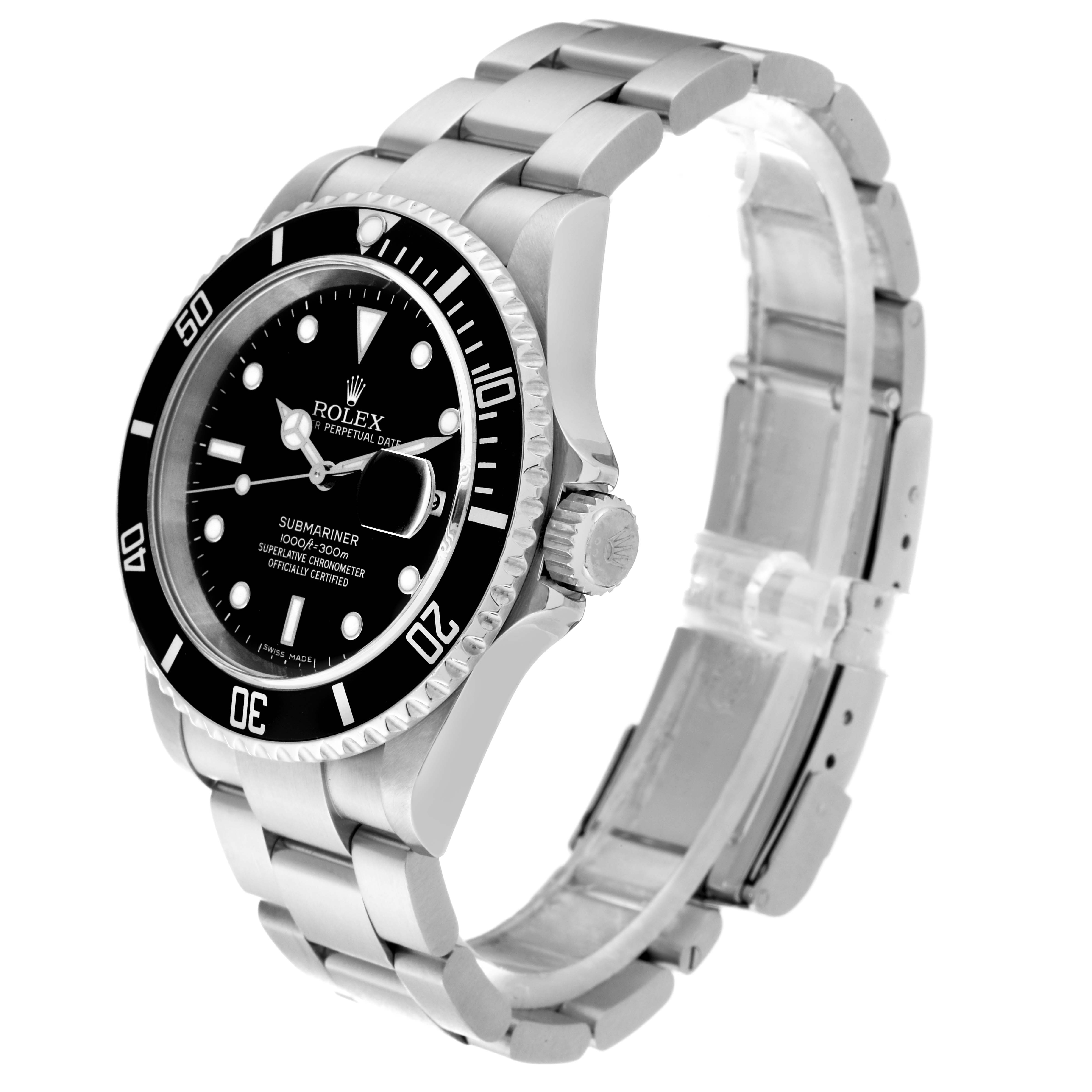 The image shows a side view of a Rolex Submariner 16610 Men's Stainless Steel Black Dial 16610 Men's Stainless Steel Black Dial, highlighting the bracelet, case, crown, and dial.