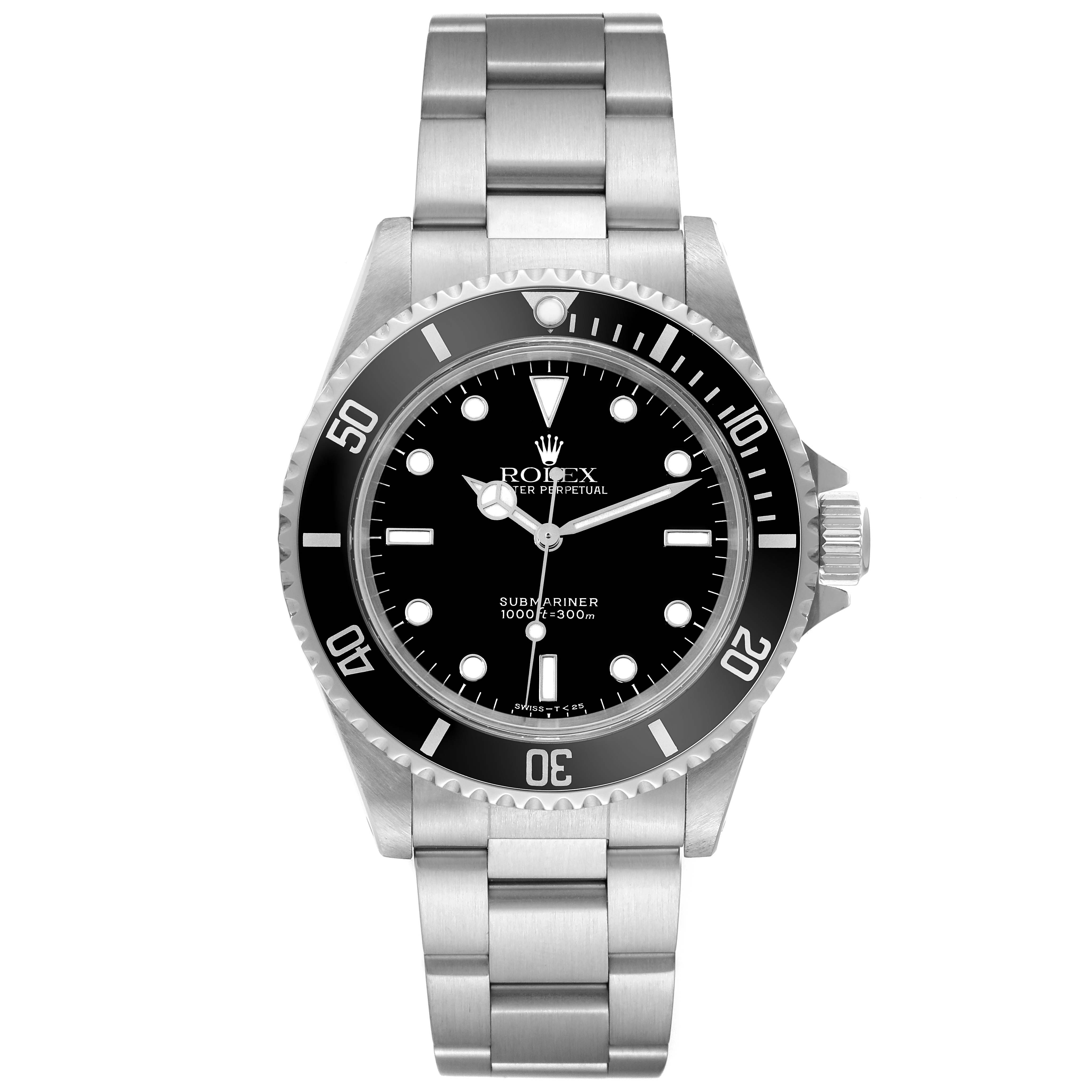 The image shows a front view of a Rolex Submariner 14060 Men's Stainless Steel Black Dial 14060 Men's Stainless Steel Black Dial watch, highlighting its face, bezel, and metal bracelet.
