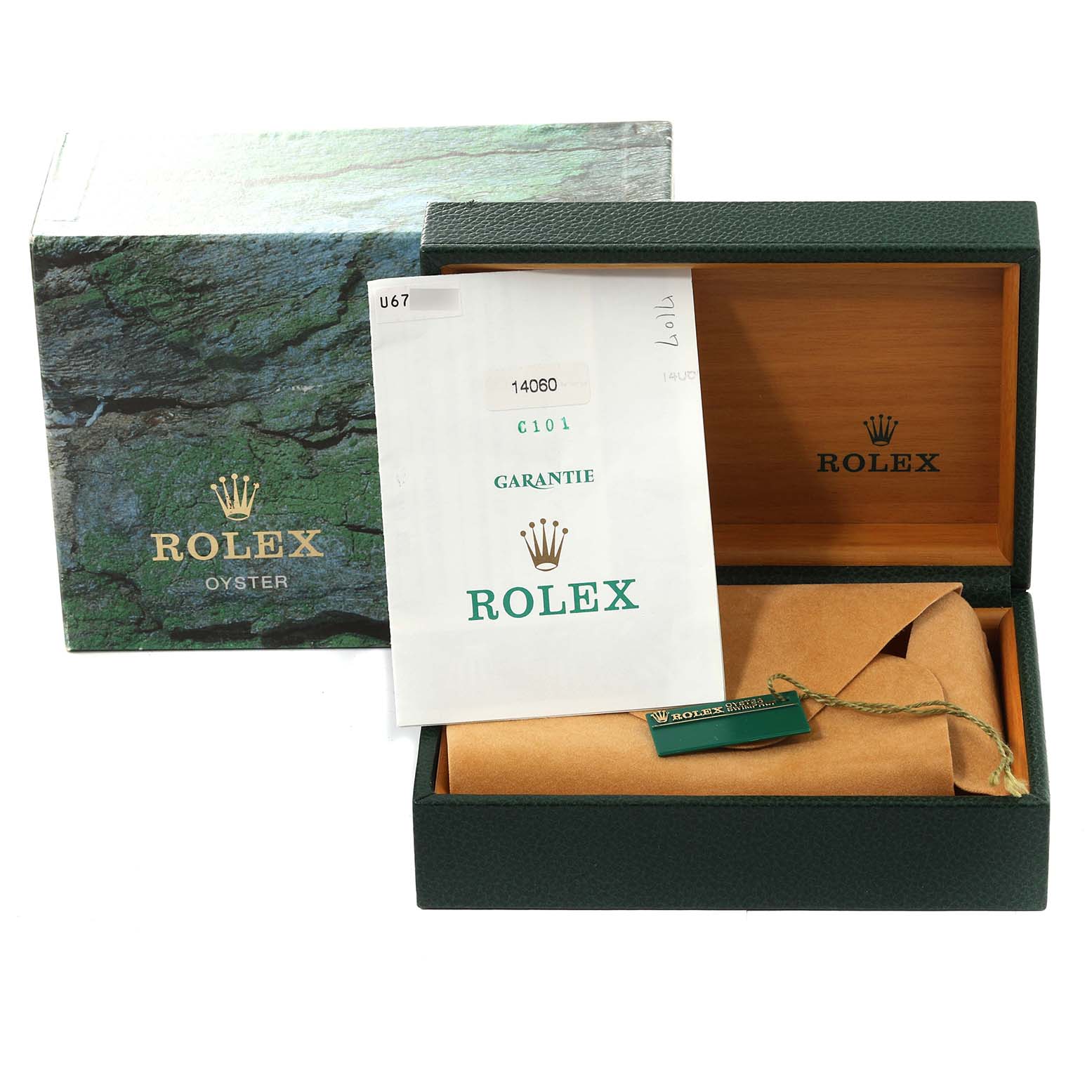 The image shows a Rolex Submariner 14060 Men's Stainless Steel Black Dial 14060 Men's Stainless Steel Black Dial packaging including the outer box, inner box, warranty card, and tags.