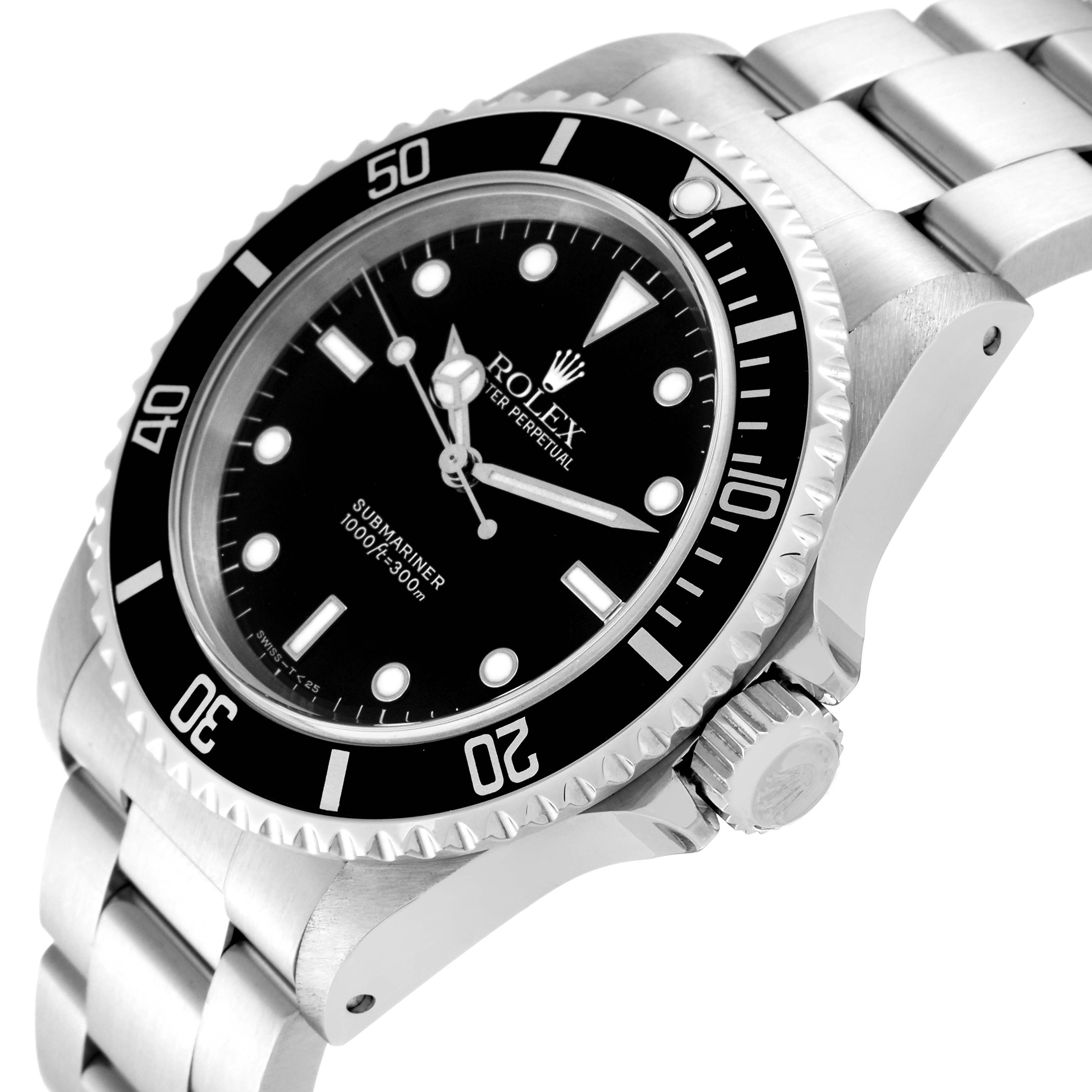 The Submariner Rolex watch is shown at an angled view, highlighting its bezel, dial, crown, and part of the bracelet.