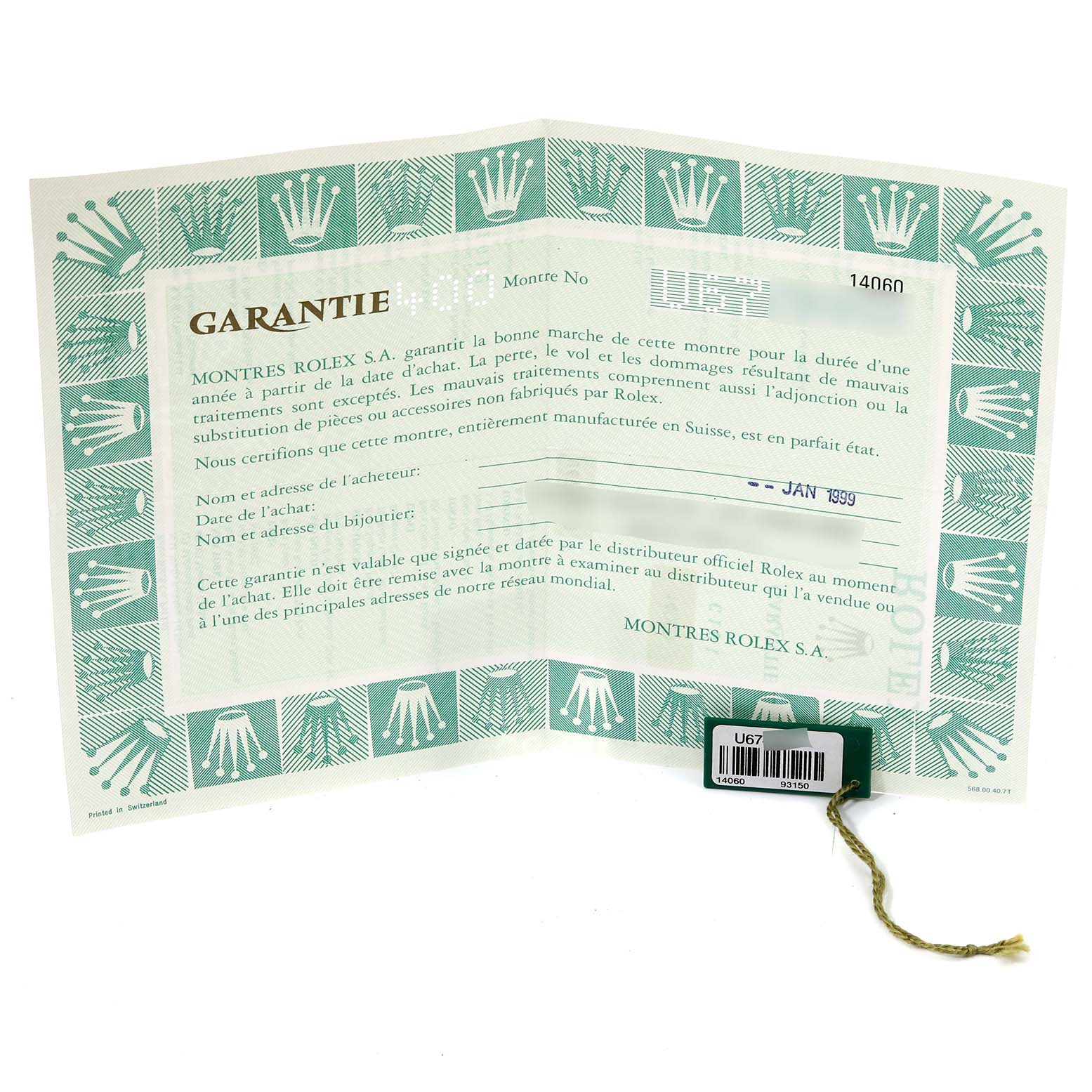 The image shows an unfolded warranty certificate and a tag for a Rolex Submariner 14060 Men's Stainless Steel Black Dial 14060 Men's Stainless Steel Black Dial watch, viewed from above.