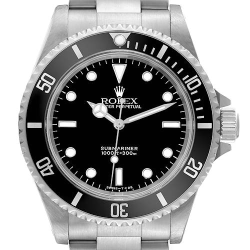 The image shows a front view of a Rolex Submariner watch, featuring its dial, bezel, and part of the metal bracelet.