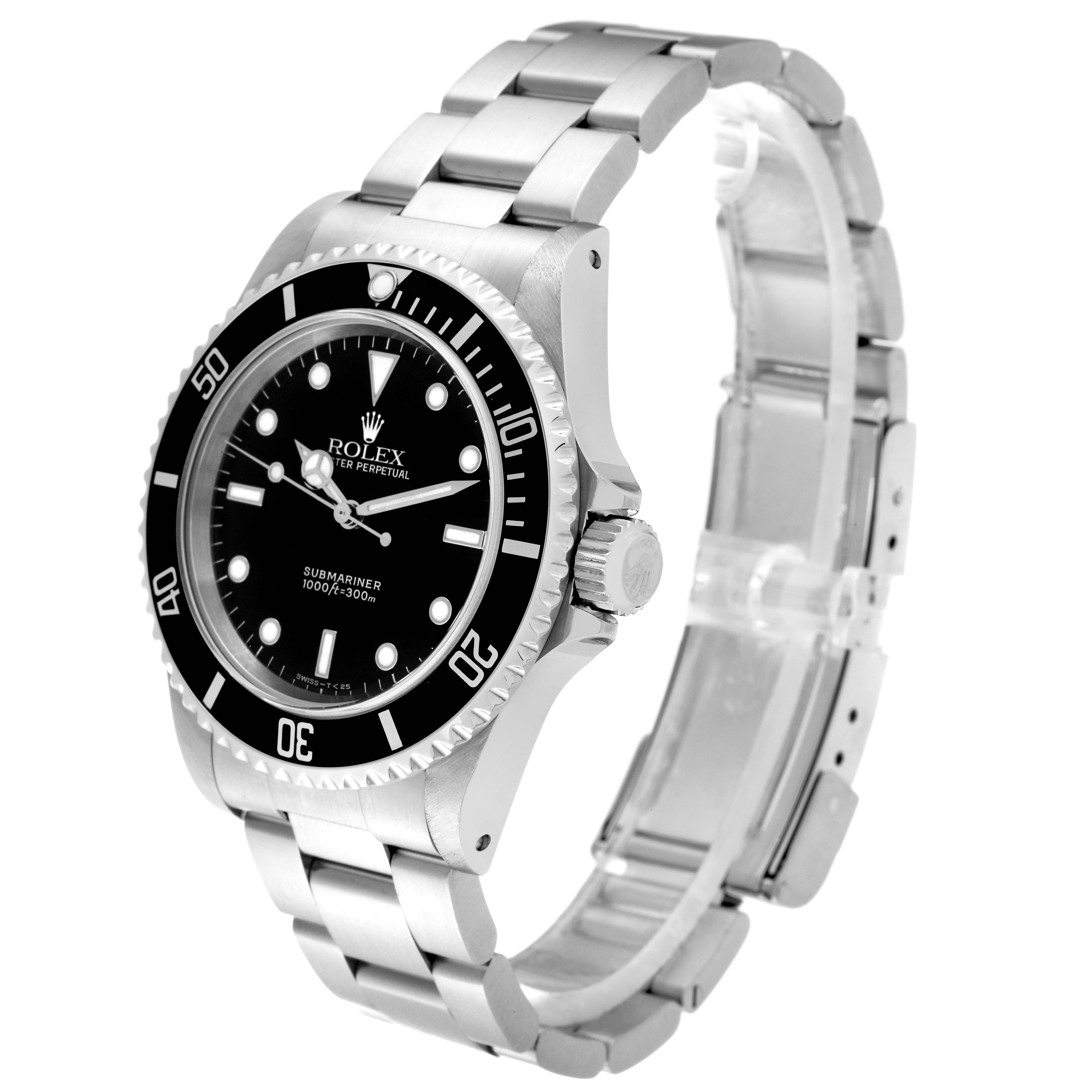 The image shows a side angle of the Rolex Submariner 14060 Men's Stainless Steel Black Dial 14060 Men's Stainless Steel Black Dial watch displaying its face, bezel, crown, and metal bracelet.
