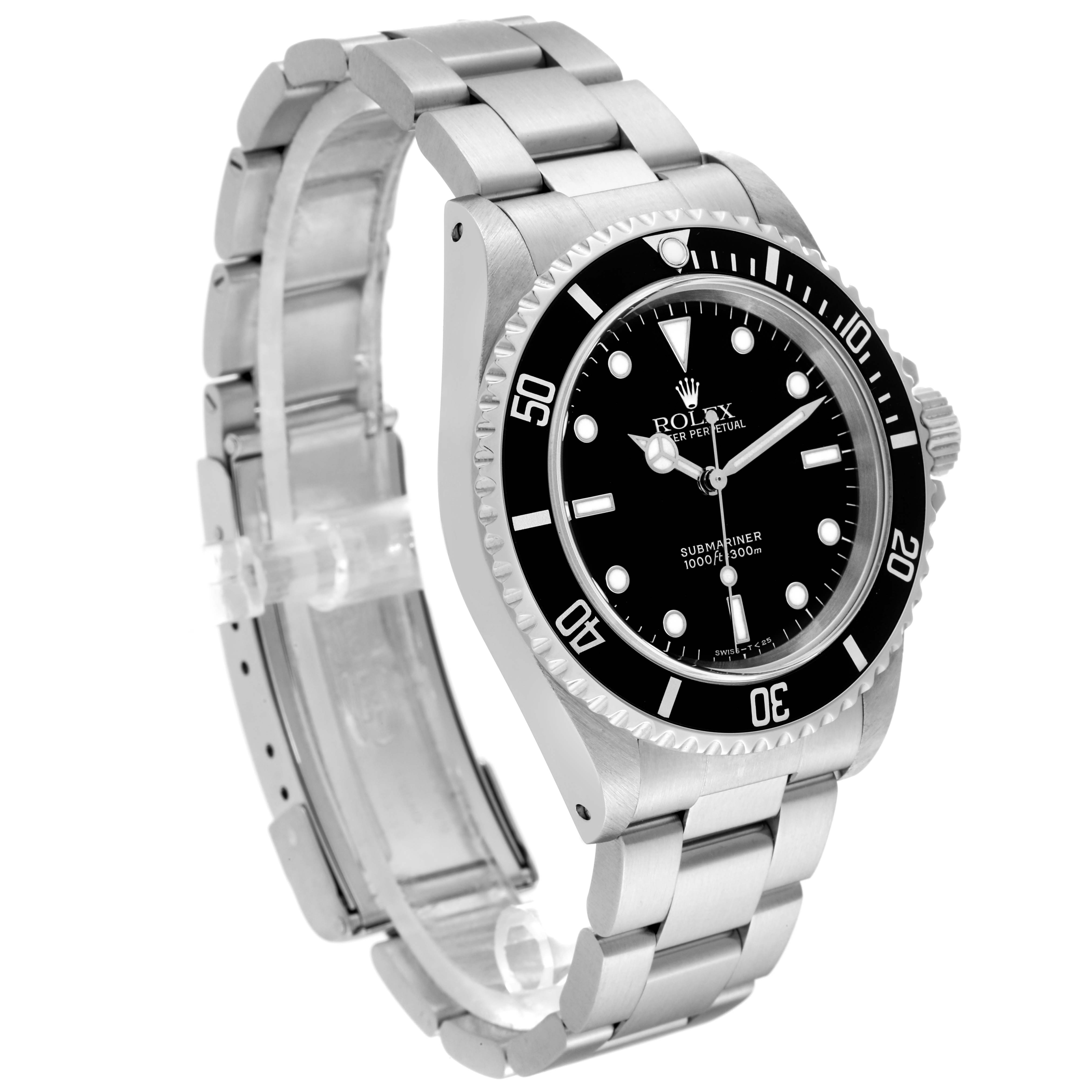 This image shows a side angle view of the Rolex Submariner 14060 Men's Stainless Steel Black Dial 14060 Men's Stainless Steel Black Dial watch, highlighting its bracelet, case, bezel, and dial.