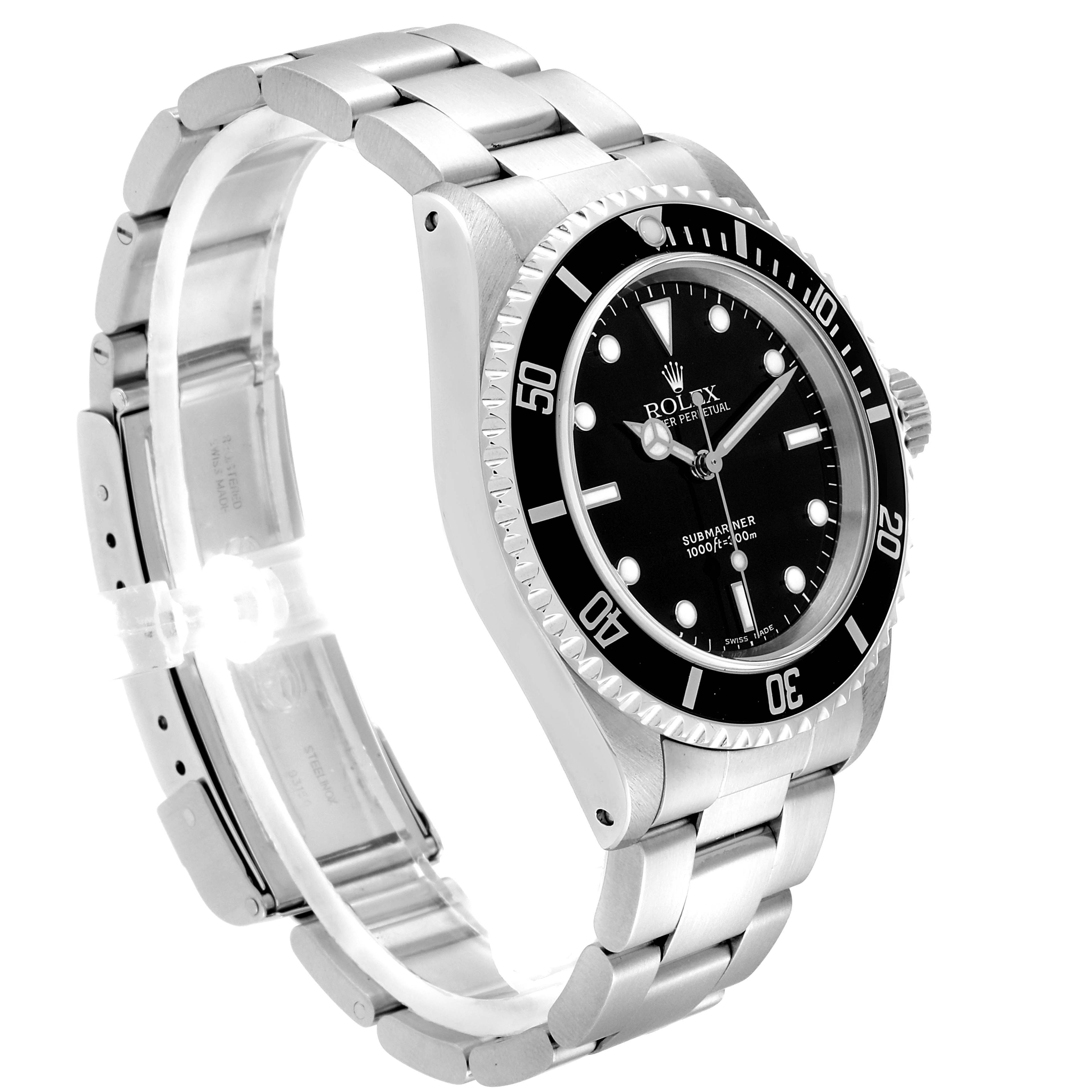 The image shows a side angle of the Rolex Submariner 14060 Men
s Stainless Steel Black Dial 14060 Men
s Stainless Steel Black Dial watch, highlighting its bracelet, bezel, and dial.