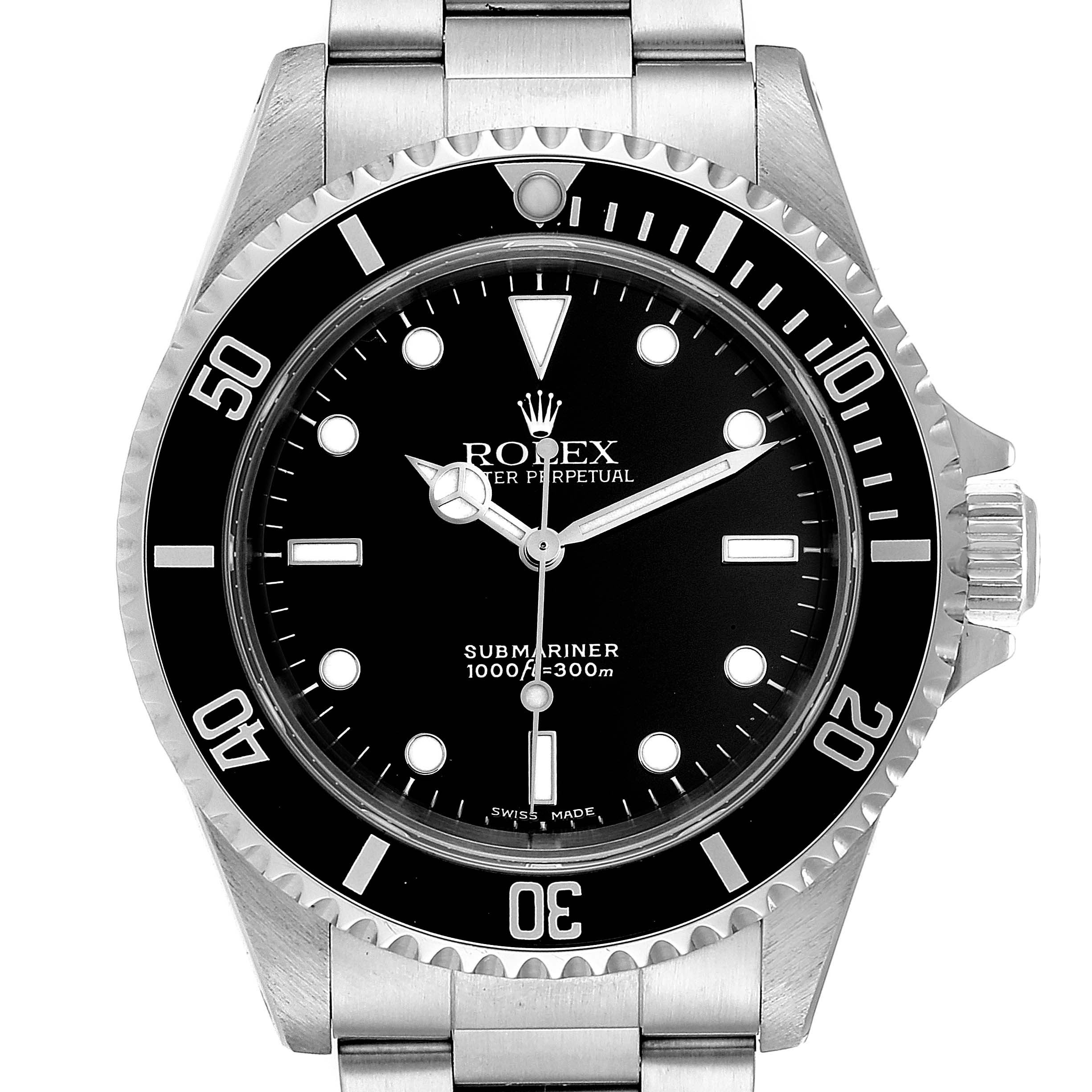 The image shows a front view of the Rolex Submariner 14060 Men
s Stainless Steel Black Dial 14060 Men
s Stainless Steel Black Dial watch, displaying its face, bezel, crown, and part of the bracelet.