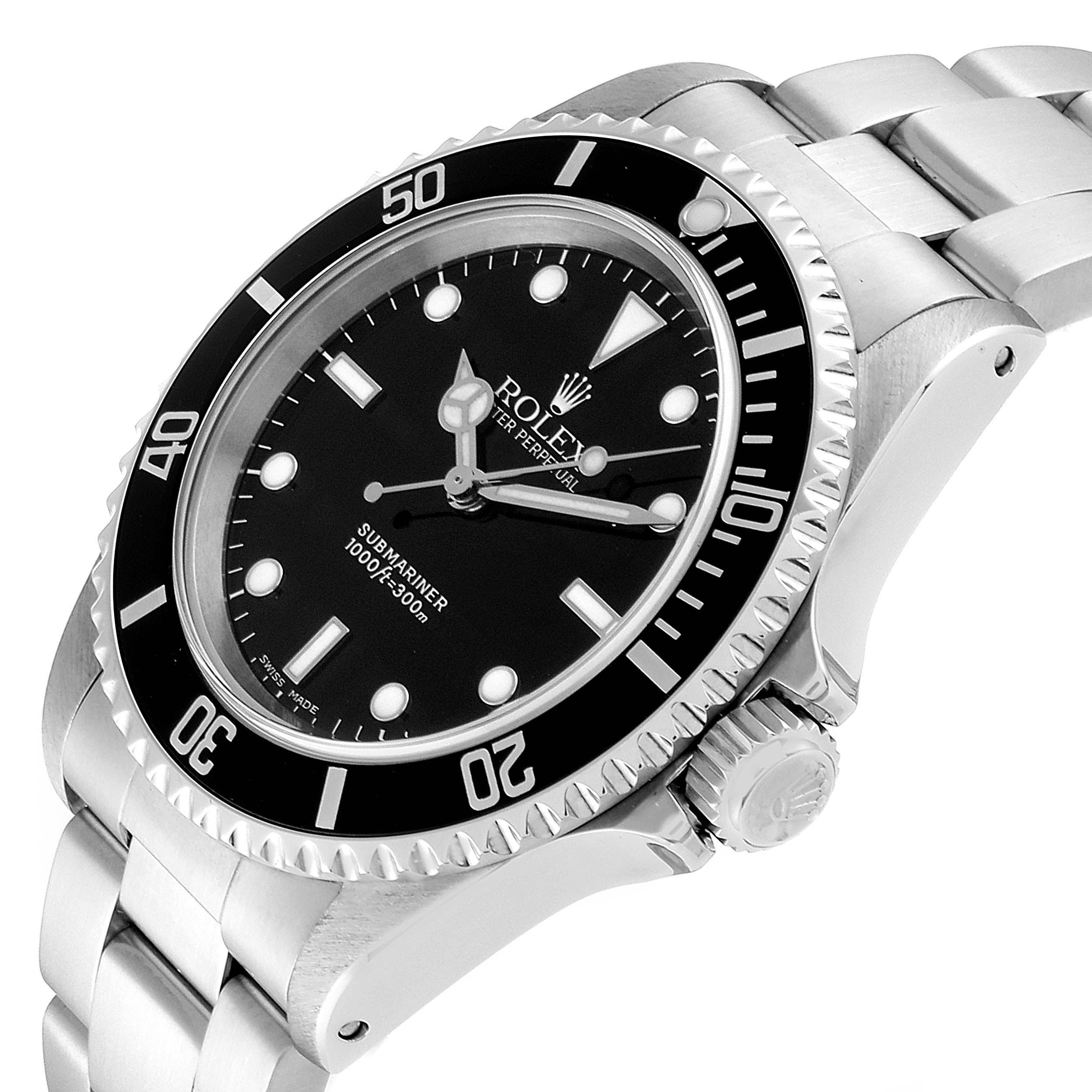 This image shows a Rolex Submariner 14060 Men
s Stainless Steel Black Dial 14060 Men
s Stainless Steel Black Dial from an oblique angle, highlighting the dial, bezel, and part of the bracelet.