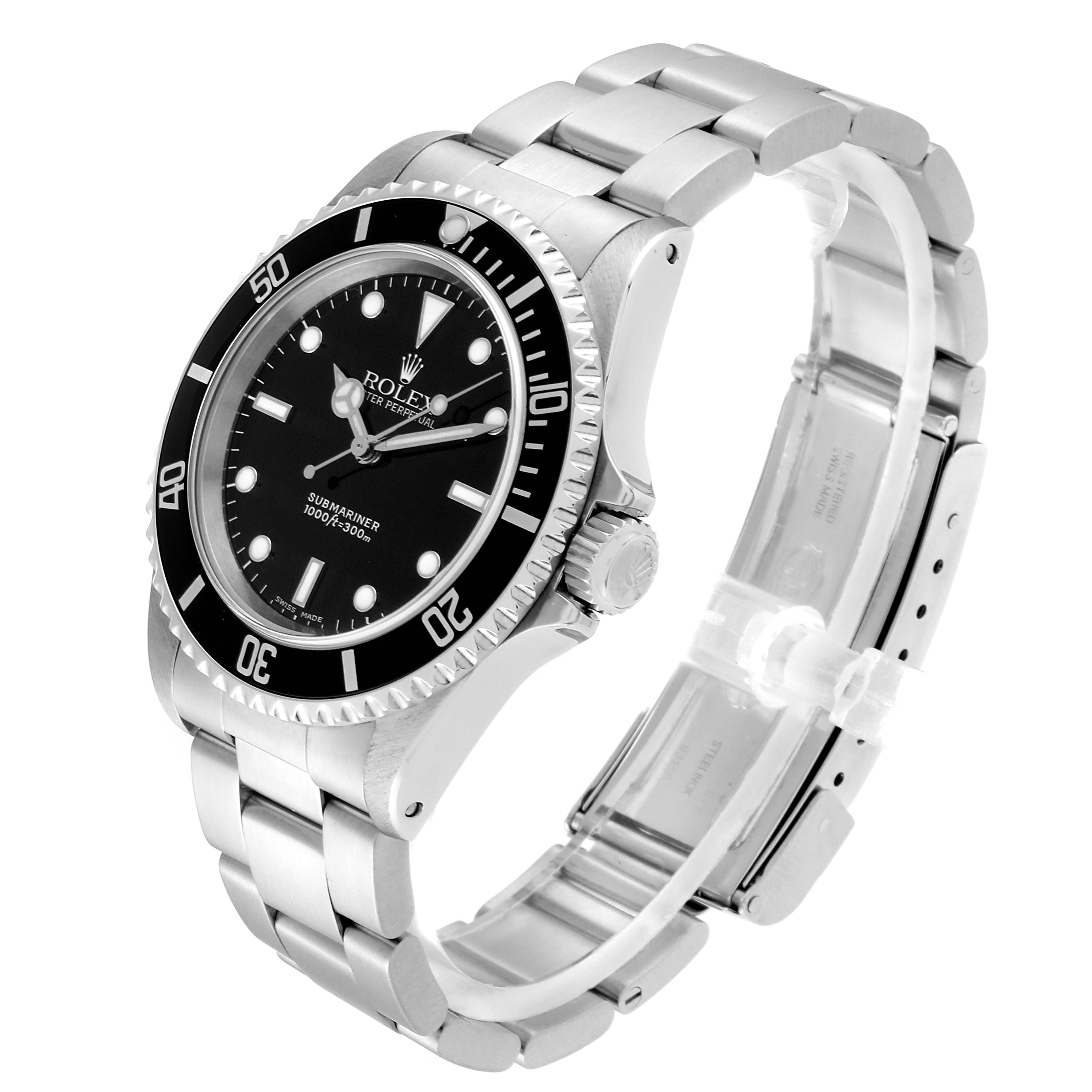 The image shows a Rolex Submariner 14060 Men
s Stainless Steel Black Dial 14060 Men
s Stainless Steel Black Dial watch at an angled top-side view, displaying the face, bezel, and part of the bracelet.