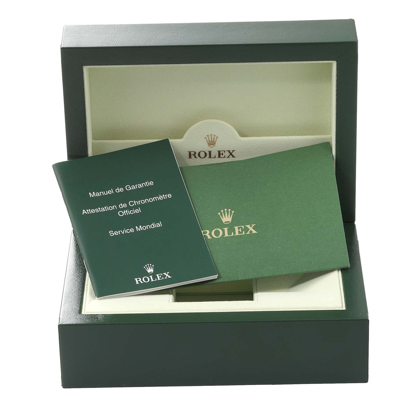 The image shows a green Rolex Submariner 116613 Men's Steel and Gold (two tone) Blue Dial 116613 Men's Steel and Gold (two tone) Blue Dial box and instruction booklets placed atop.