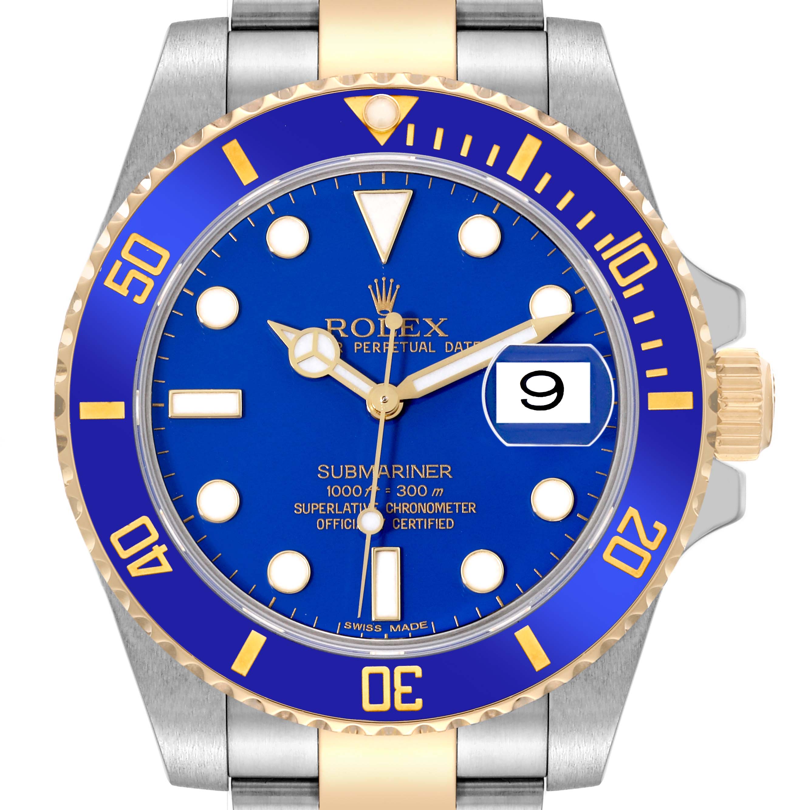 The image shows a close-up of the Rolex Submariner 116613 Men's Steel and Gold (two tone) Blue Dial 116613 Men's Steel and Gold (two tone) Blue Dial, highlighting the blue dial, date window, bezel, and part of the bracelet.