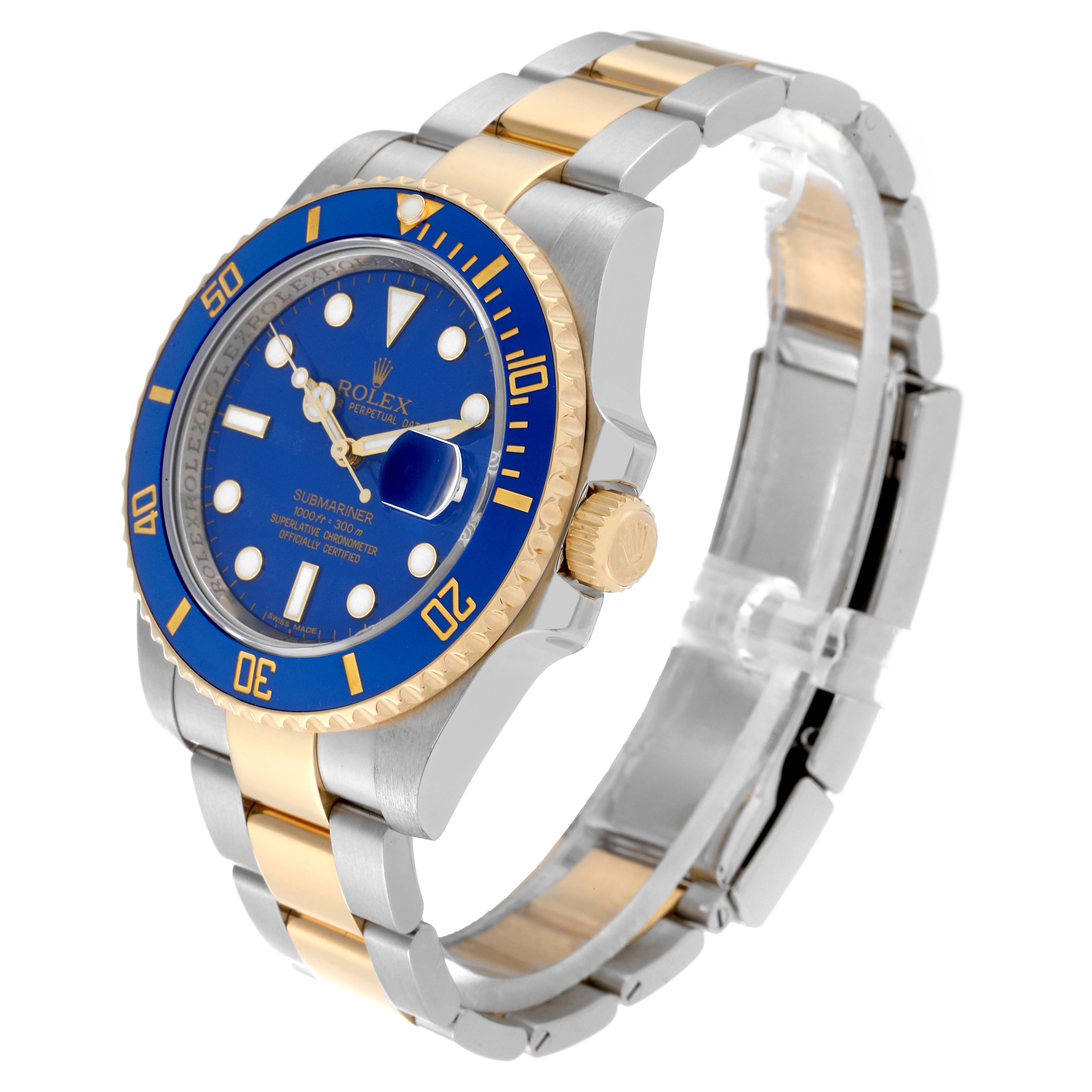 The image shows a side and angled view of a Rolex Submariner 116613 Men's Steel and Gold (two tone) Blue Dial 116613 Men's Steel and Gold (two tone) Blue Dial watch, highlighting its blue dial, bezel, and two-tone metal bracelet.