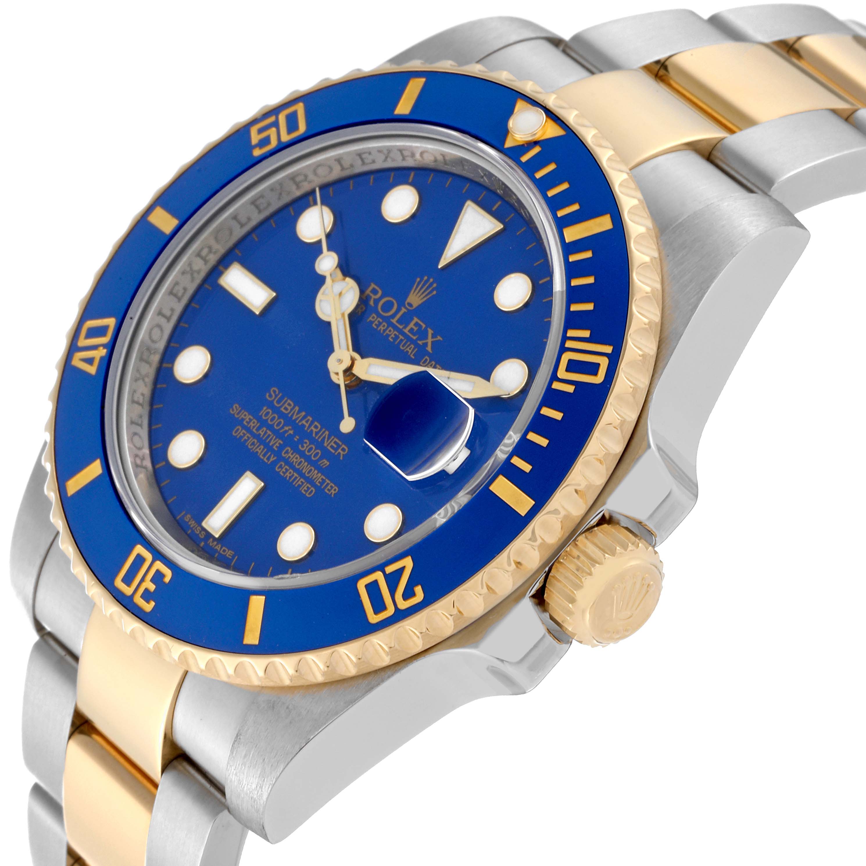 The image shows a Rolex Submariner 116613 Men's Steel and Gold (two tone) Blue Dial 116613 Men's Steel and Gold (two tone) Blue Dial watch from an angled side view, highlighting its blue bezel, gold accents, and two-tone bracelet.