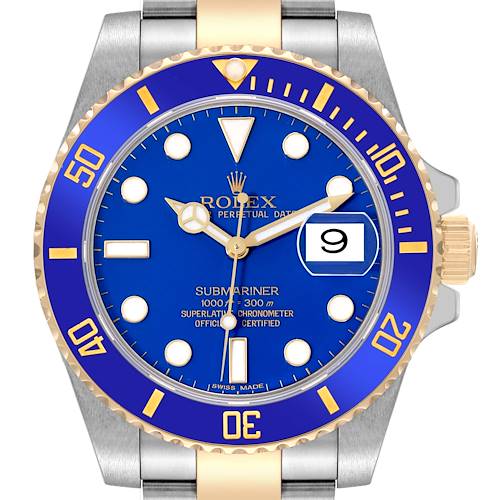 The image shows a front view of the Rolex Submariner, highlighting its blue dial, bezel, and date window.