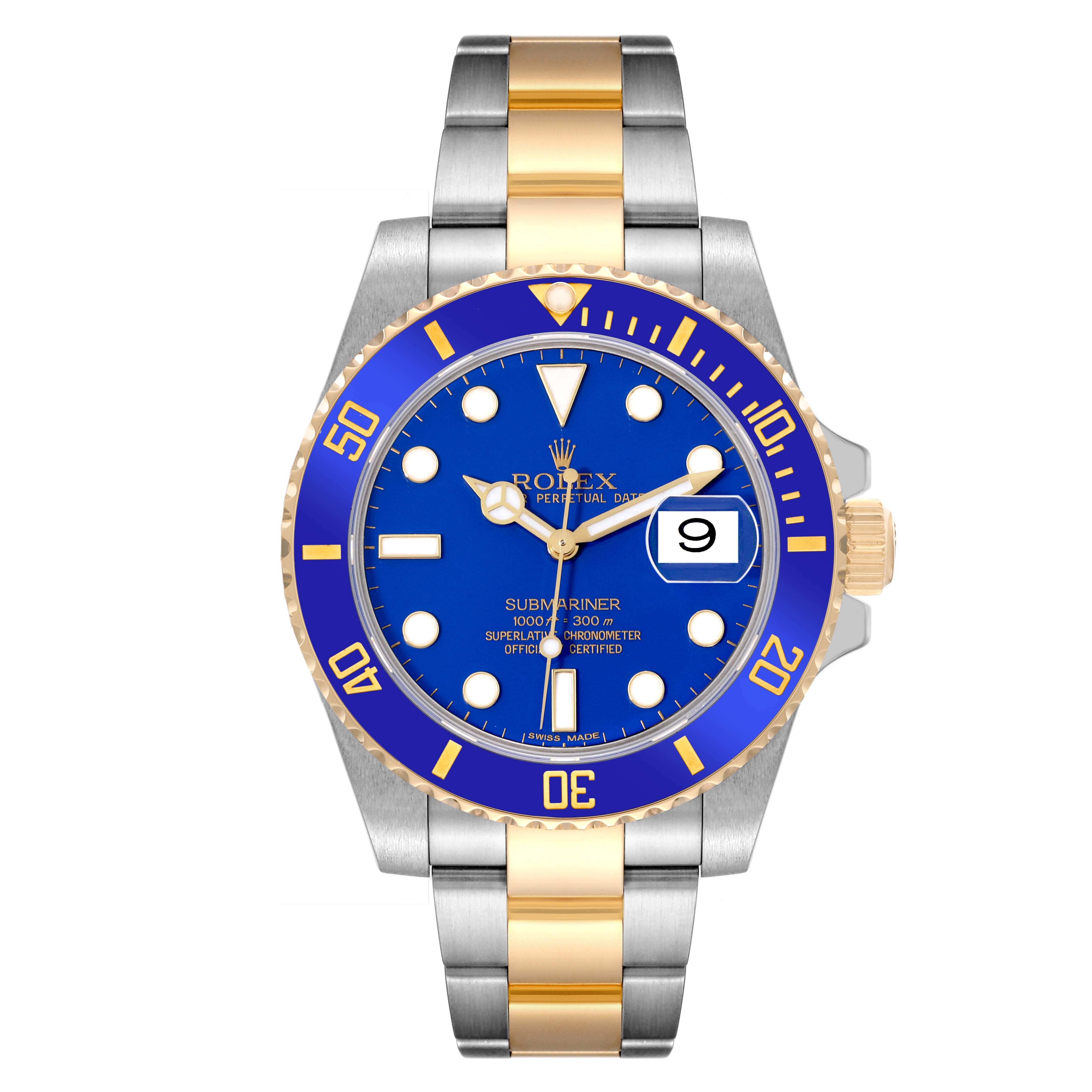 The Rolex Submariner 116613 Men's Steel and Gold (two tone) Blue Dial 116613 Men's Steel and Gold (two tone) Blue Dial watch is shown from a front angle, featuring its dial, bezel, and bracelet.