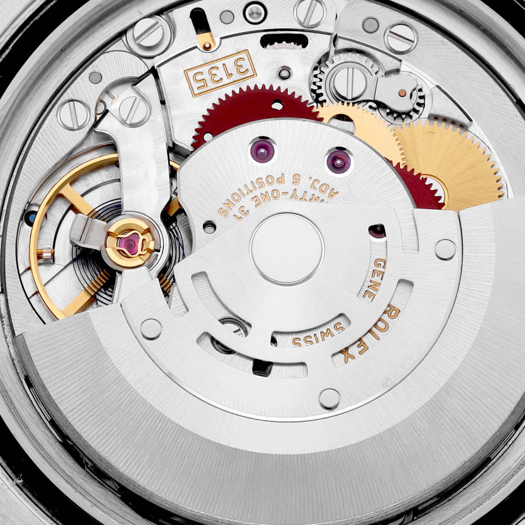 This image shows the intricate internal movement of a Rolex Submariner 116613 Men's Steel and Gold (two tone) Blue Dial 116613 Men's Steel and Gold (two tone) Blue Dial watch, highlighting gears and the rotor.