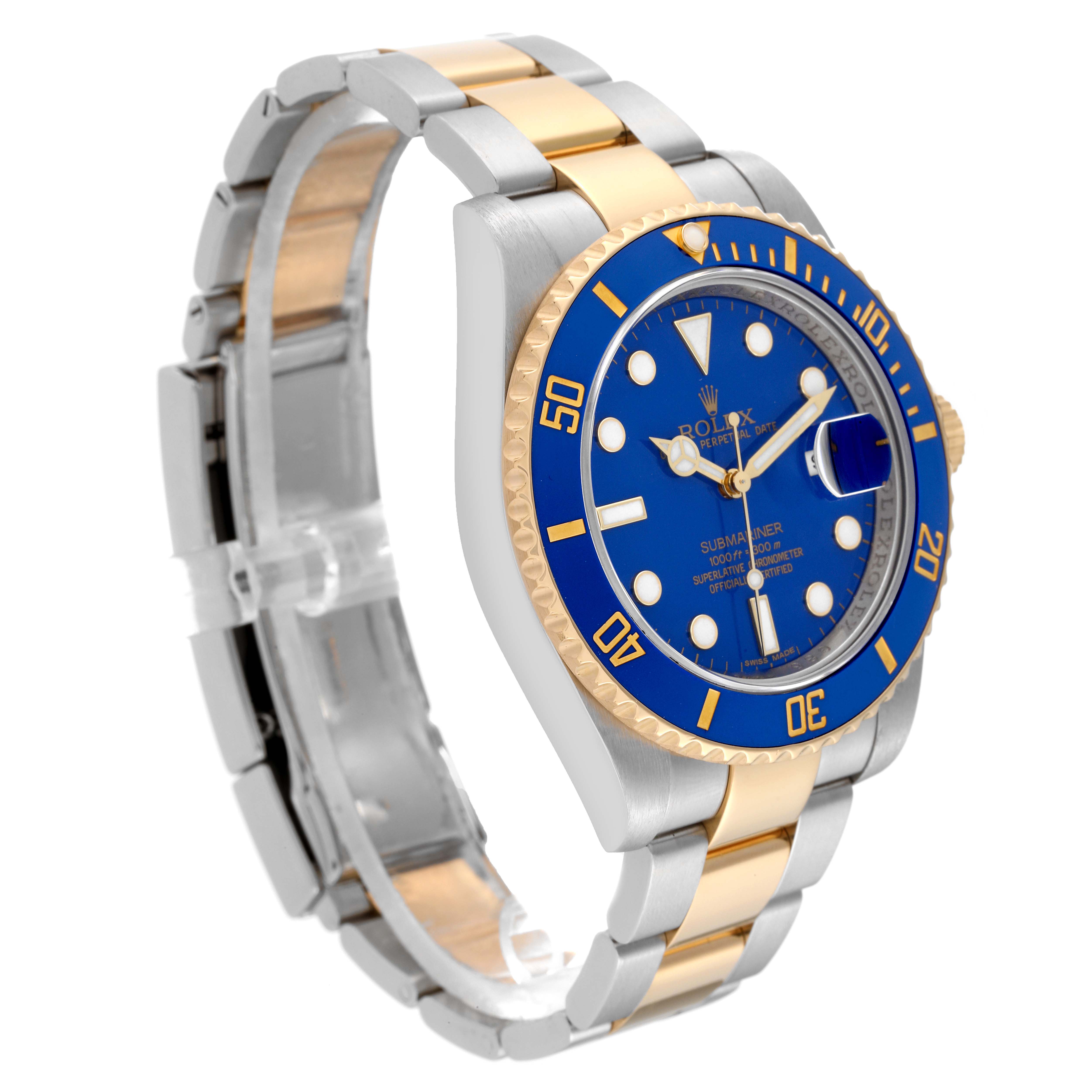 This image shows a side angle of the Rolex Submariner 116613 Men's Steel and Gold (two tone) Blue Dial 116613 Men's Steel and Gold (two tone) Blue Dial, highlighting the blue dial, bezel, and two-tone bracelet.