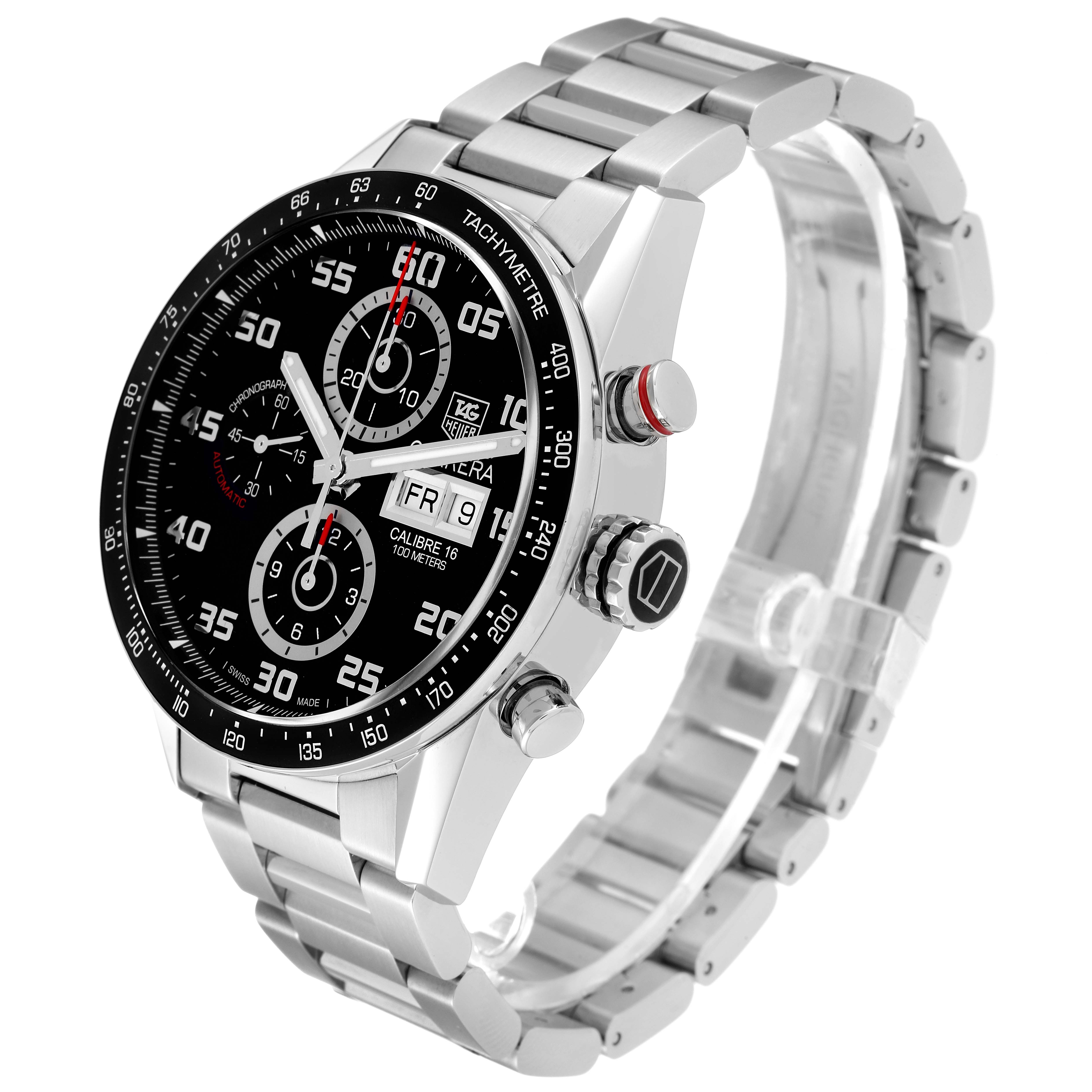 The Tag Heuer Carrera CV2A1R.BA0799 Men's Stainless Steel Black Dial CV2A1R.BA0799 Men's Stainless Steel Black Dial watch is shown at a three-quarter angle, highlighting its face, bezel, buttons, and metal bracelet.