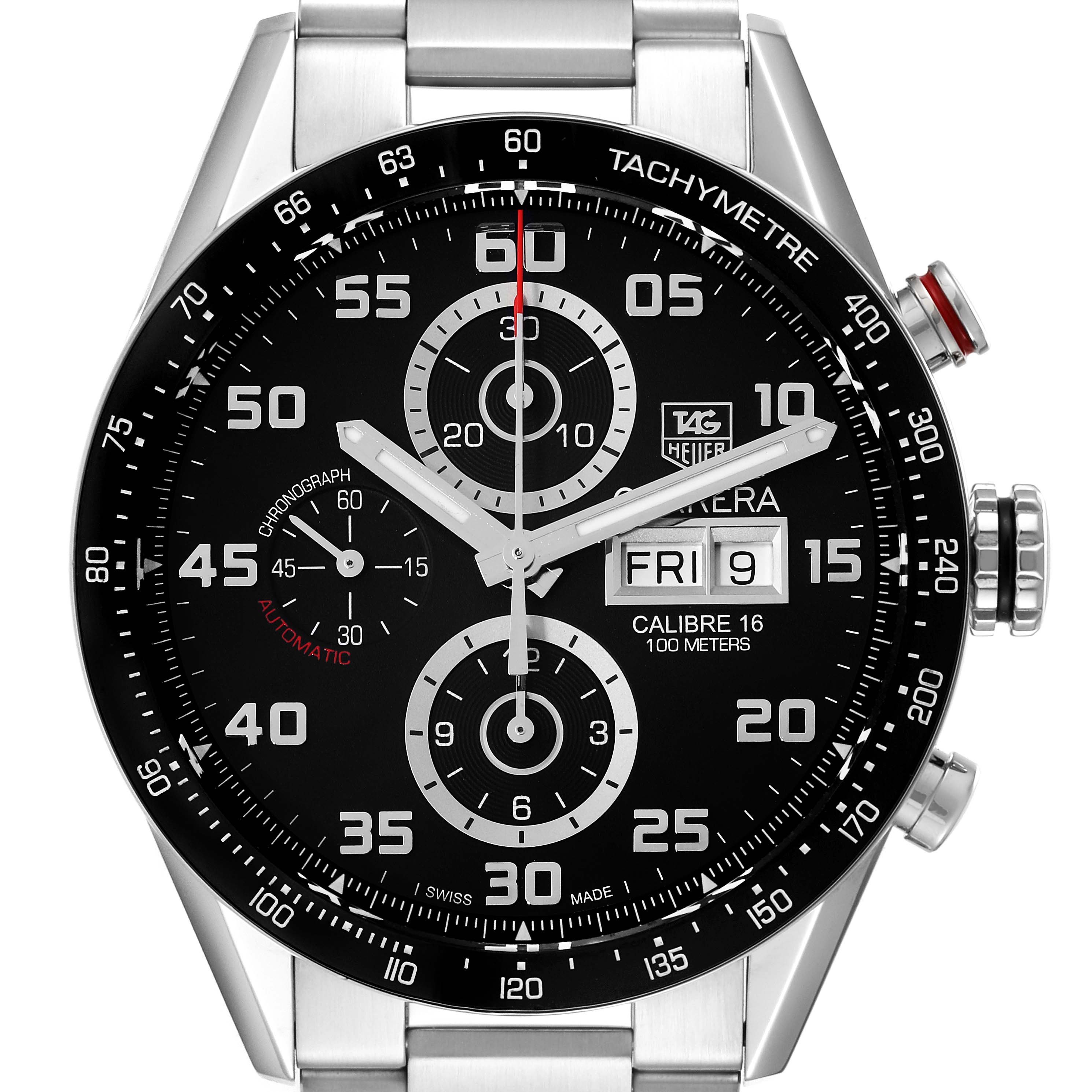 The image shows a front view of a Tag Heuer Carrera CV2A1R.BA0799 Men's Stainless Steel Black Dial CV2A1R.BA0799 Men's Stainless Steel Black Dial Calibre 16 watch with a tachymetre bezel and chronograph sub-dials.