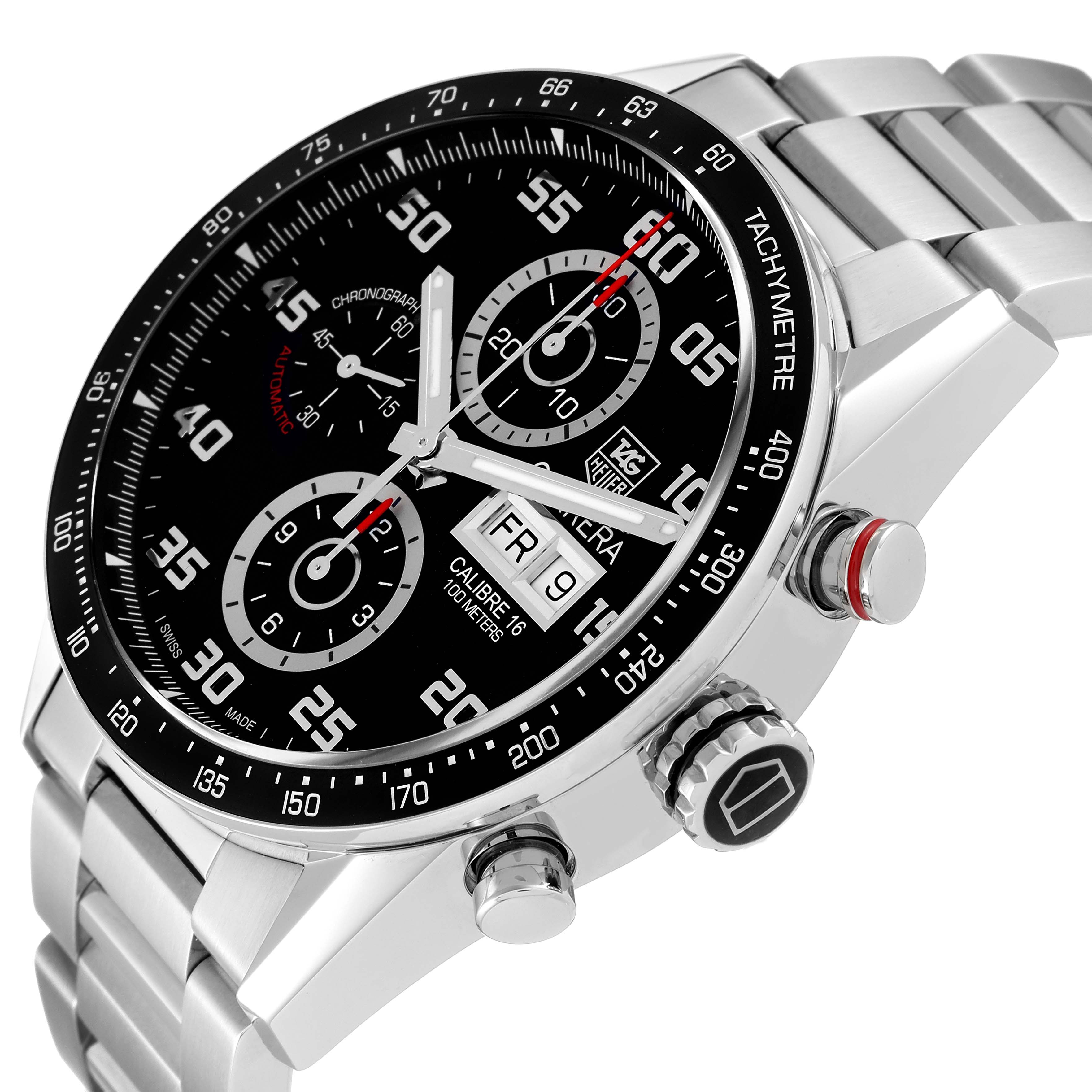 This image shows a close-up, angled view of the Tag Heuer Carrera CV2A1R.BA0799 Men's Stainless Steel Black Dial CV2A1R.BA0799 Men's Stainless Steel Black Dial watch face, crown, and side pushers.