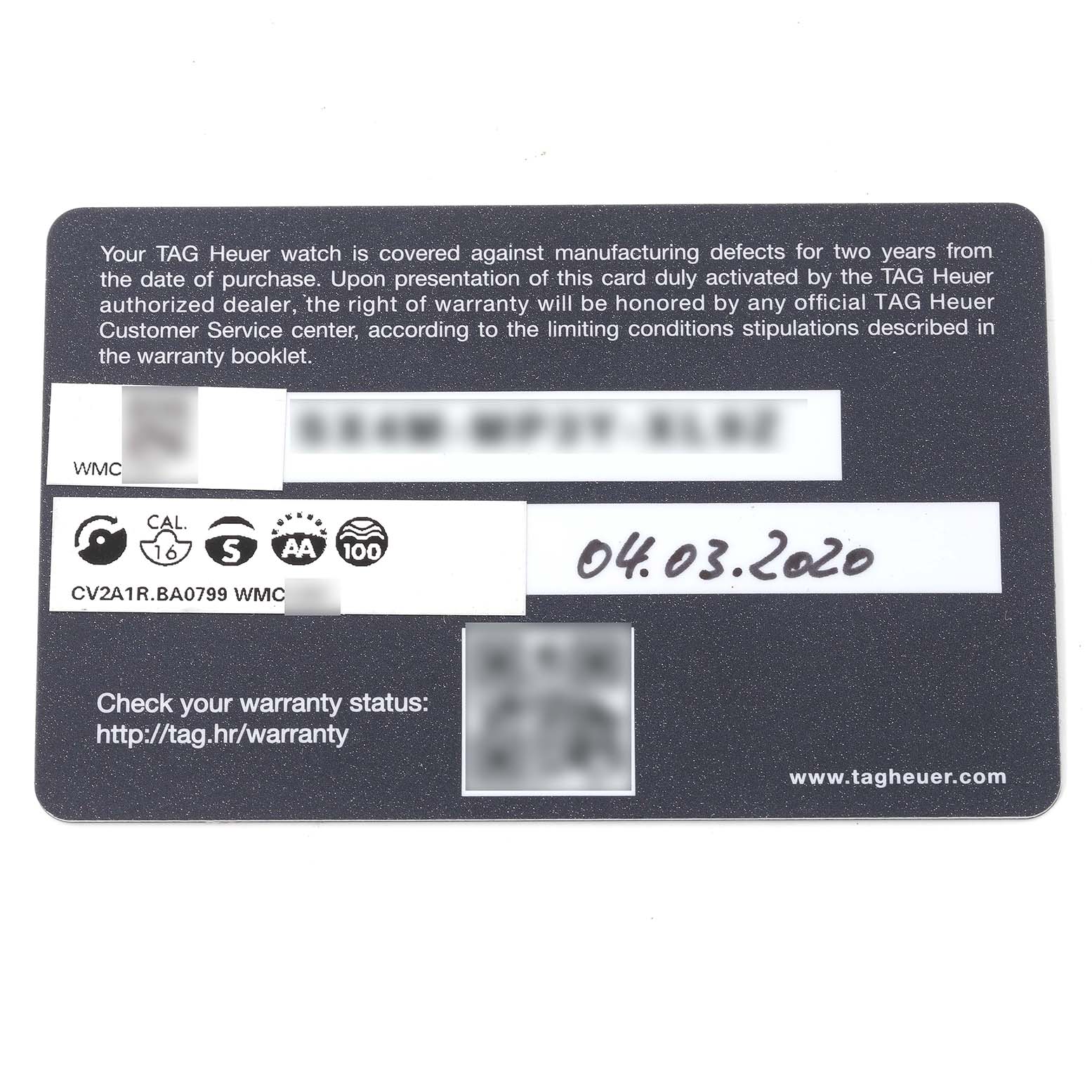 The image shows the warranty card for the Tag Heuer Carrera CV2A1R.BA0799 Men's Stainless Steel Black Dial CV2A1R.BA0799 Men's Stainless Steel Black Dial model watch, providing warranty details and a purchase date.