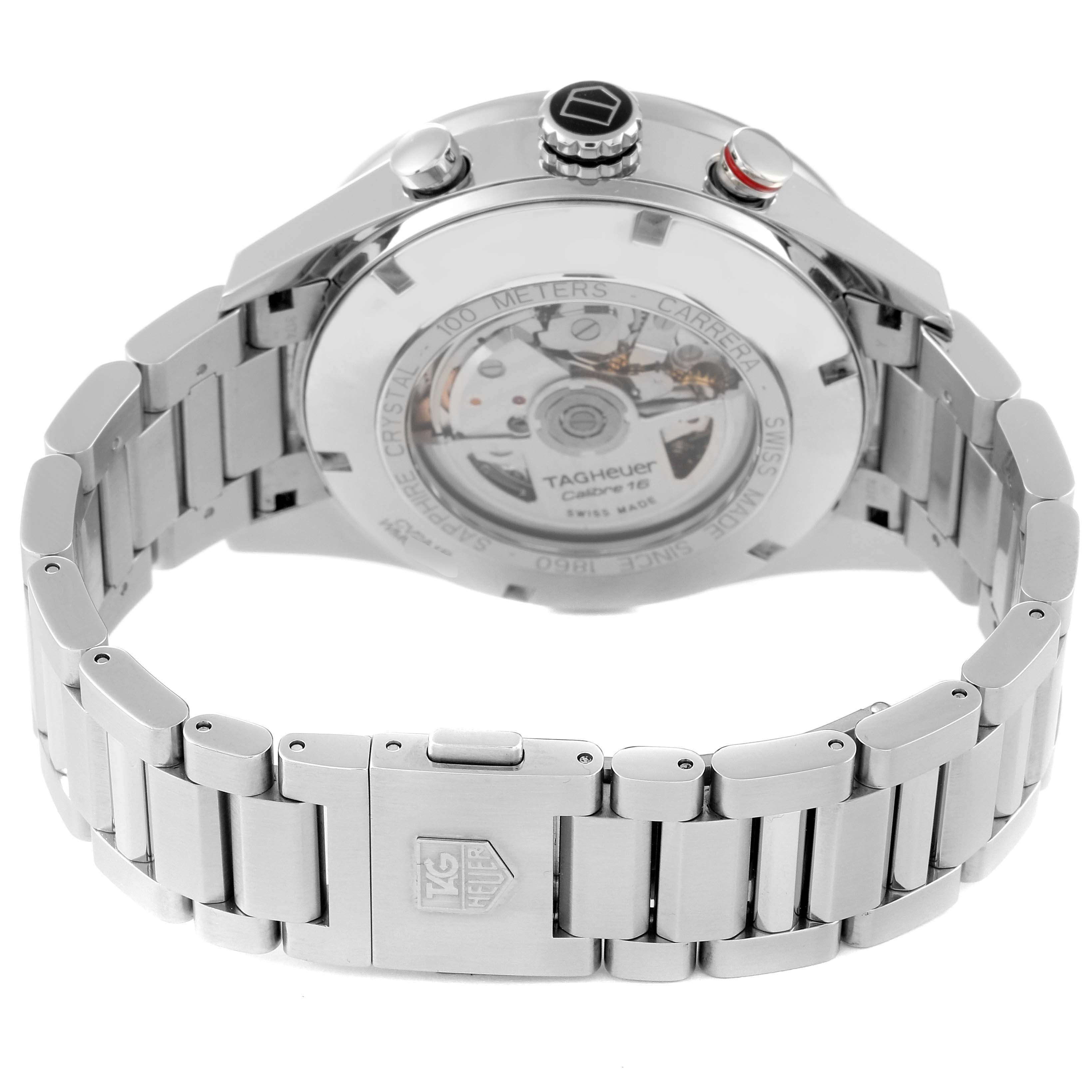 The image shows the back view of a Tag Heuer Carrera CV2A1R.BA0799 Men's Stainless Steel Black Dial CV2A1R.BA0799 Men's Stainless Steel Black Dial watch, highlighting the bracelet, clasp, and transparent case back.