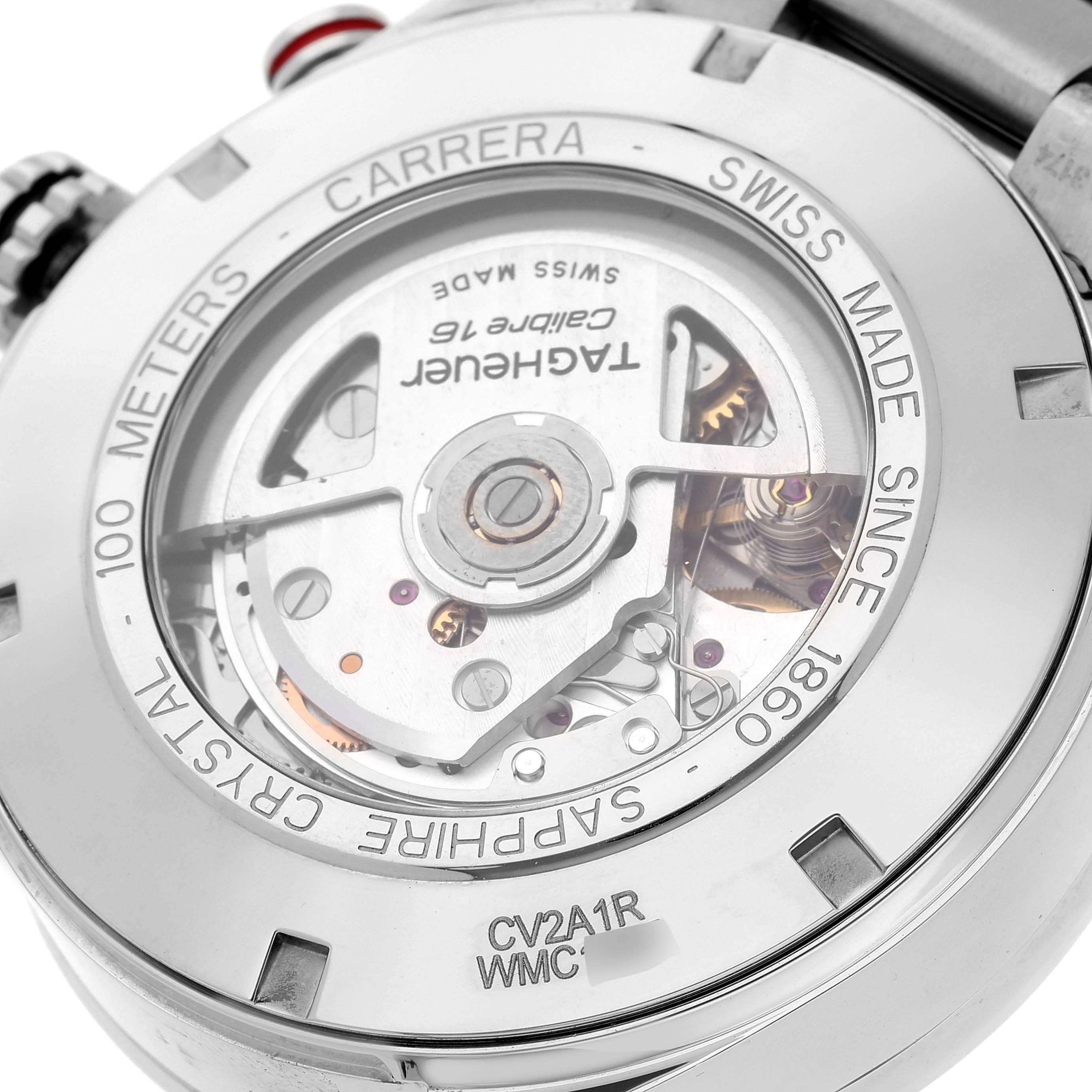 The image shows the back of a Tag Heuer Carrera CV2A1R.BA0799 Men's Stainless Steel Black Dial CV2A1R.BA0799 Men's Stainless Steel Black Dial watch, highlighting its automatic movement and Swiss-made details.