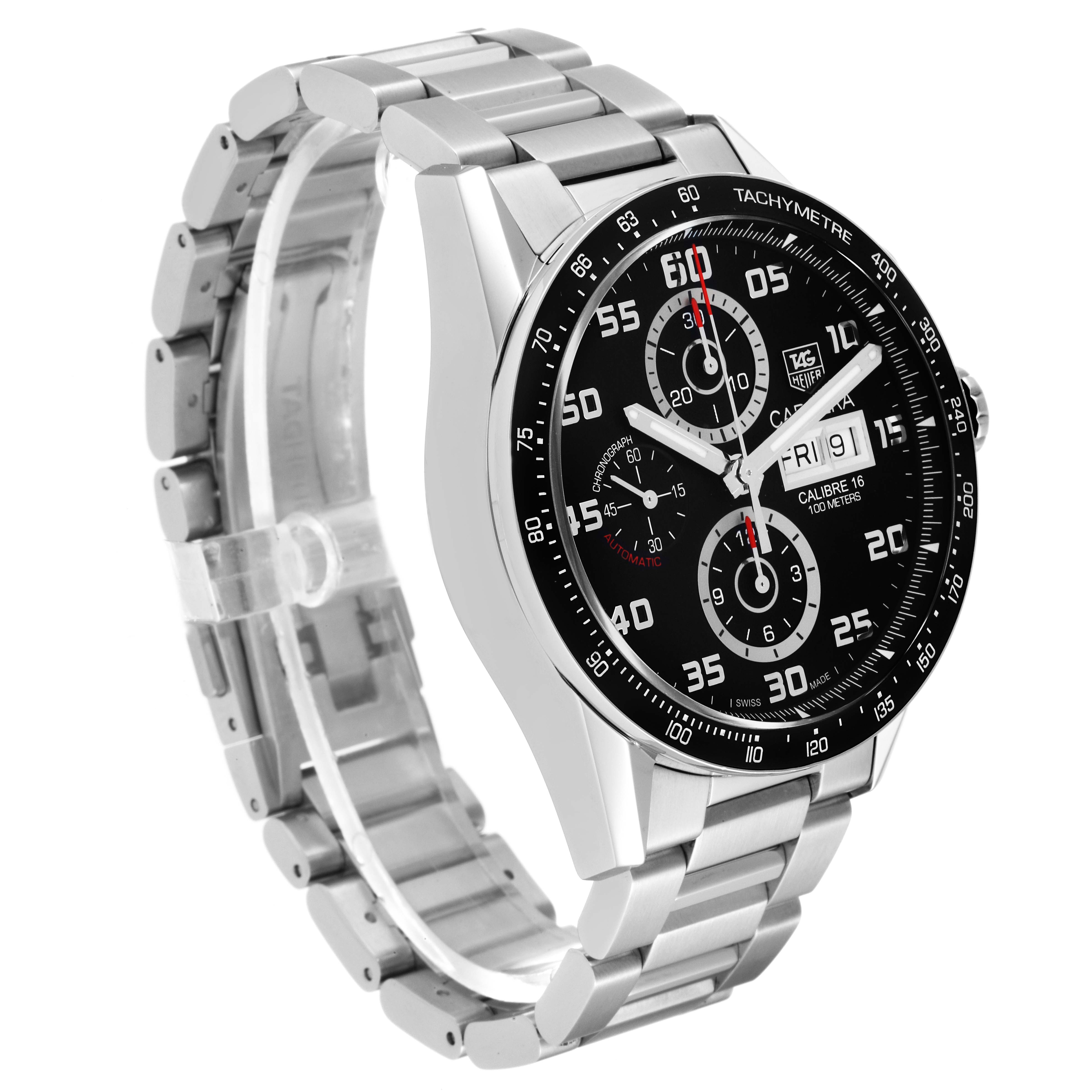 The image shows a Tag Heuer Carrera CV2A1R.BA0799 Men's Stainless Steel Black Dial CV2A1R.BA0799 Men's Stainless Steel Black Dial model watch, highlighting its face, bezel, and stainless steel bracelet at a slight angle.