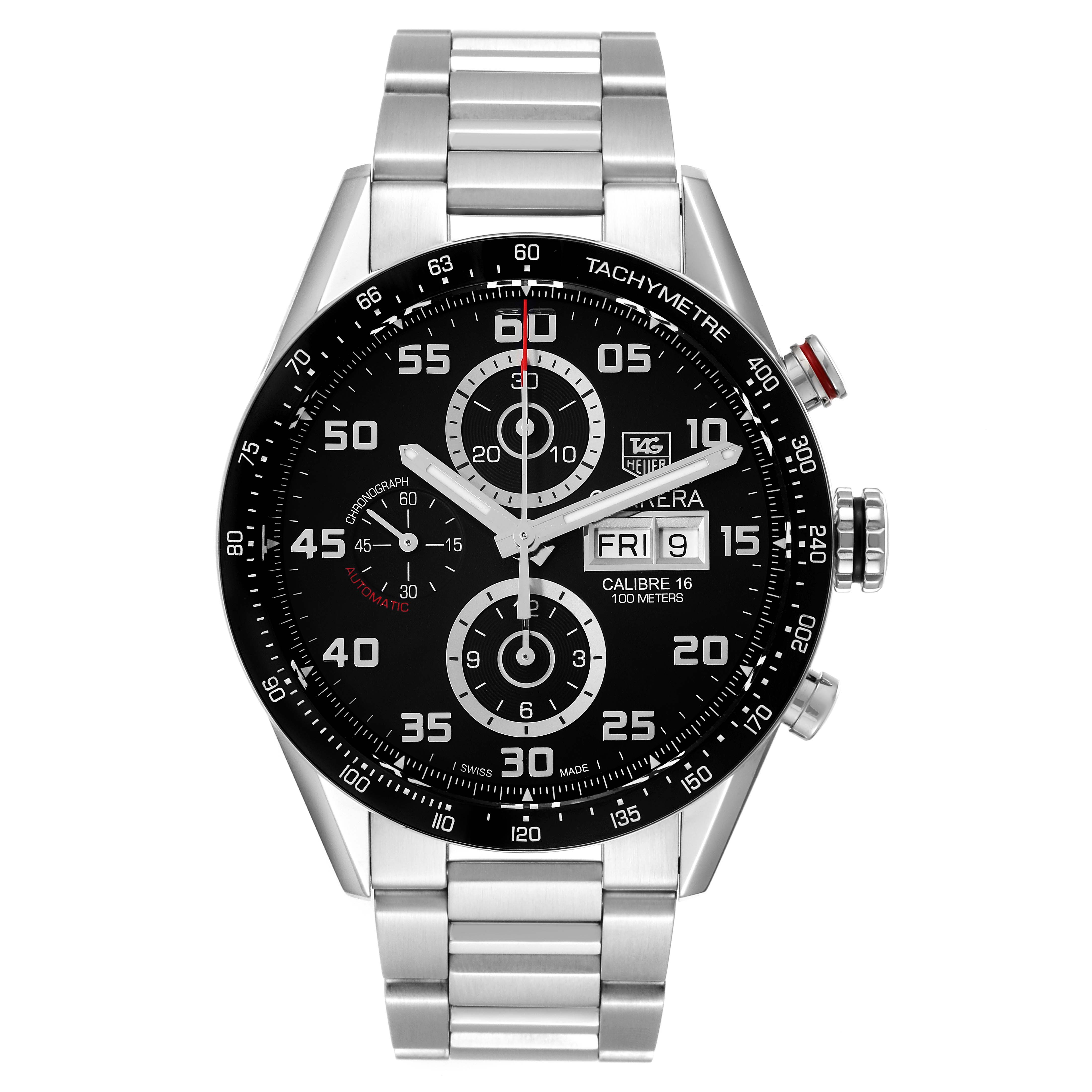The image shows a front view of a Tag Heuer Carrera CV2A1R.BA0799 Men's Stainless Steel Black Dial CV2A1R.BA0799 Men's Stainless Steel Black Dial watch, featuring its dial, chronograph subdials, bezel, and stainless steel bracelet.