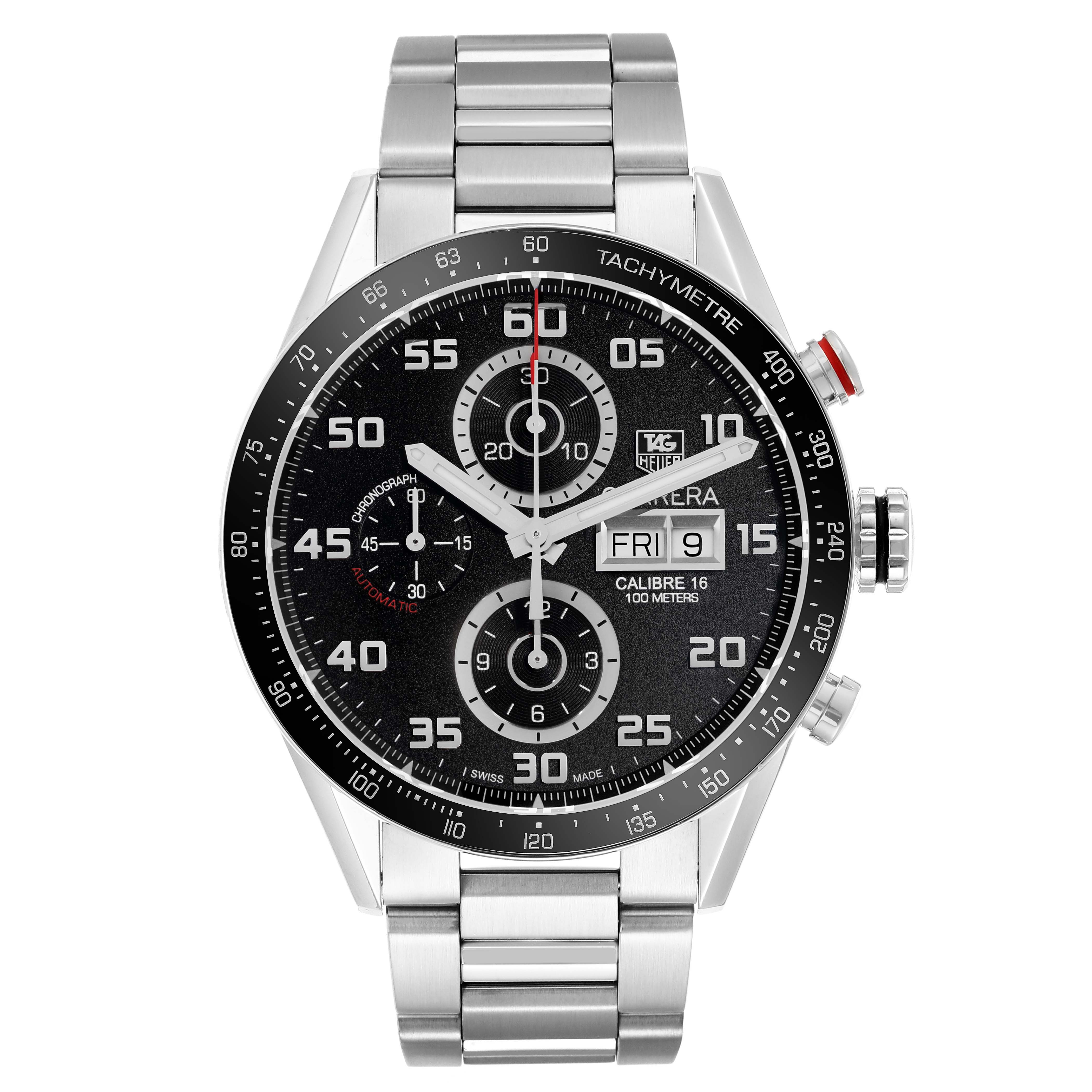 The Tag Heuer Carrera CV2A1R Men
s Stainless Steel Black Dial watch is shown from the front, displaying the face, bezel, and metal bracelet.