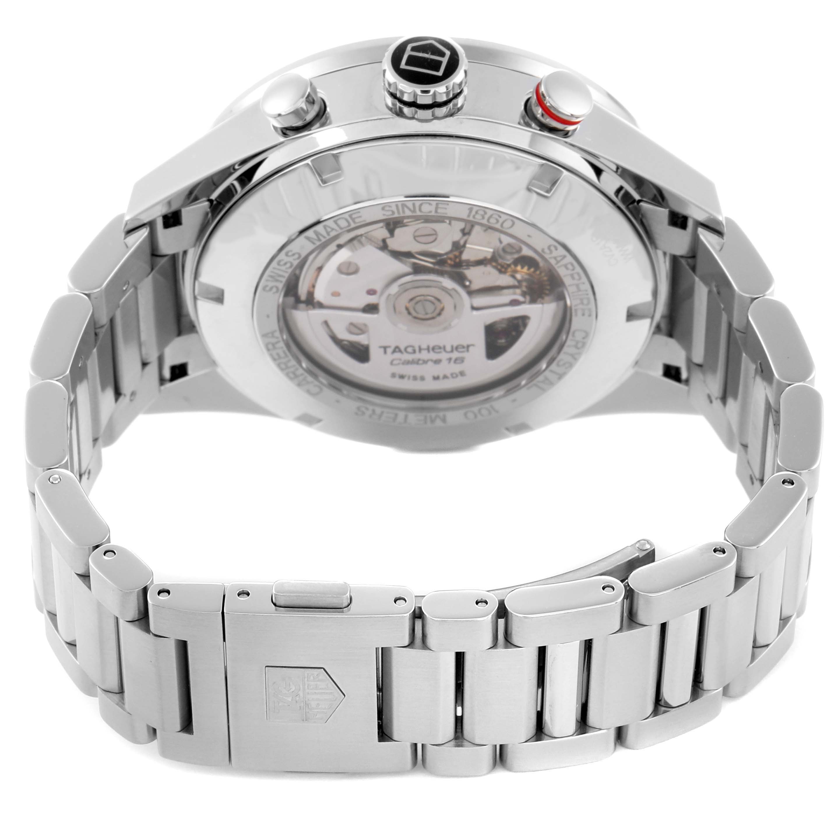 The image shows the back of the Tag Heuer Carrera CV2A1R Men
s Stainless Steel Black Dial watch, highlighting its transparent case back and metal bracelet.