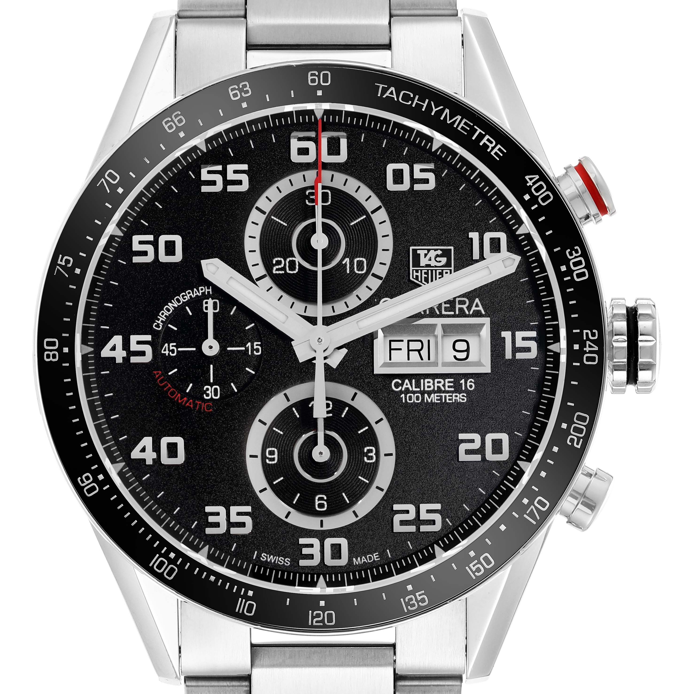 The Tag Heuer Carrera CV2A1R Men
s Stainless Steel Black Dial watch is shown from a front angle, highlighting the face, bezel, and chronograph features.