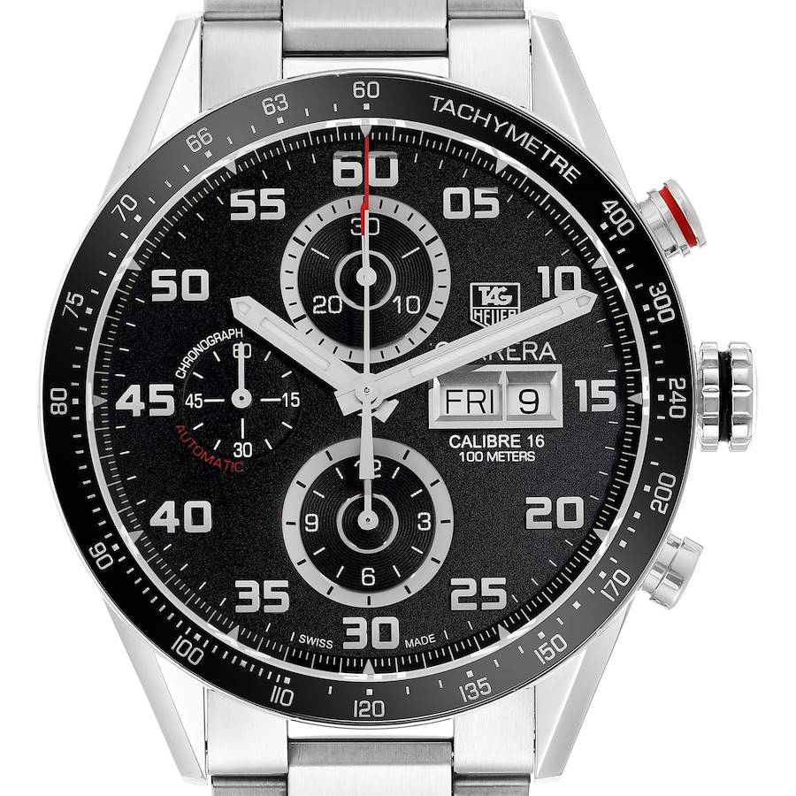 The image shows a front view of the Tag Heuer Carrera CV2A1R men's watch, displaying its chronograph subdials, tachymeter bezel, and day-date window.