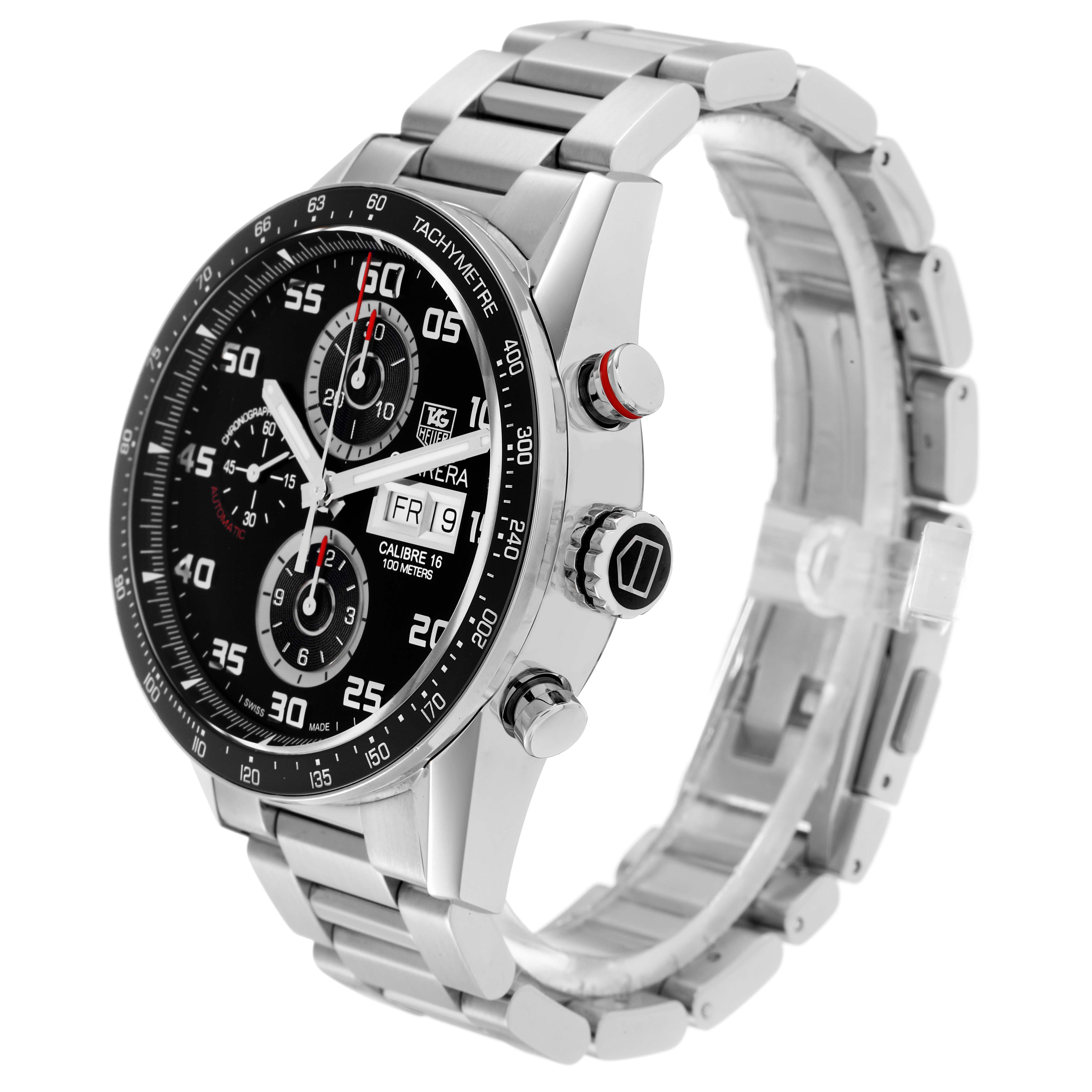 The image shows a Tag Heuer Carrera CV2A1R Men
s Stainless Steel Black Dial watch angled slightly to showcase the dial, bezel, crown, pushers, and bracelet.
