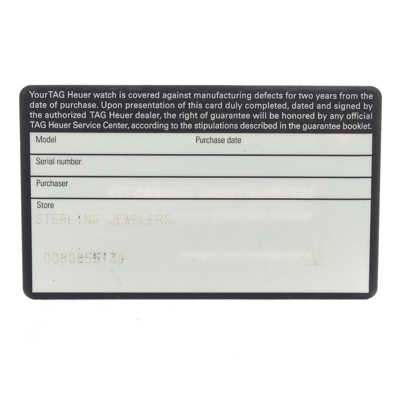 The image shows a warranty card for a Tag Heuer Carrera CV2A1R Men
s Stainless Steel Black Dial watch, featuring fields for model details and purchase information.