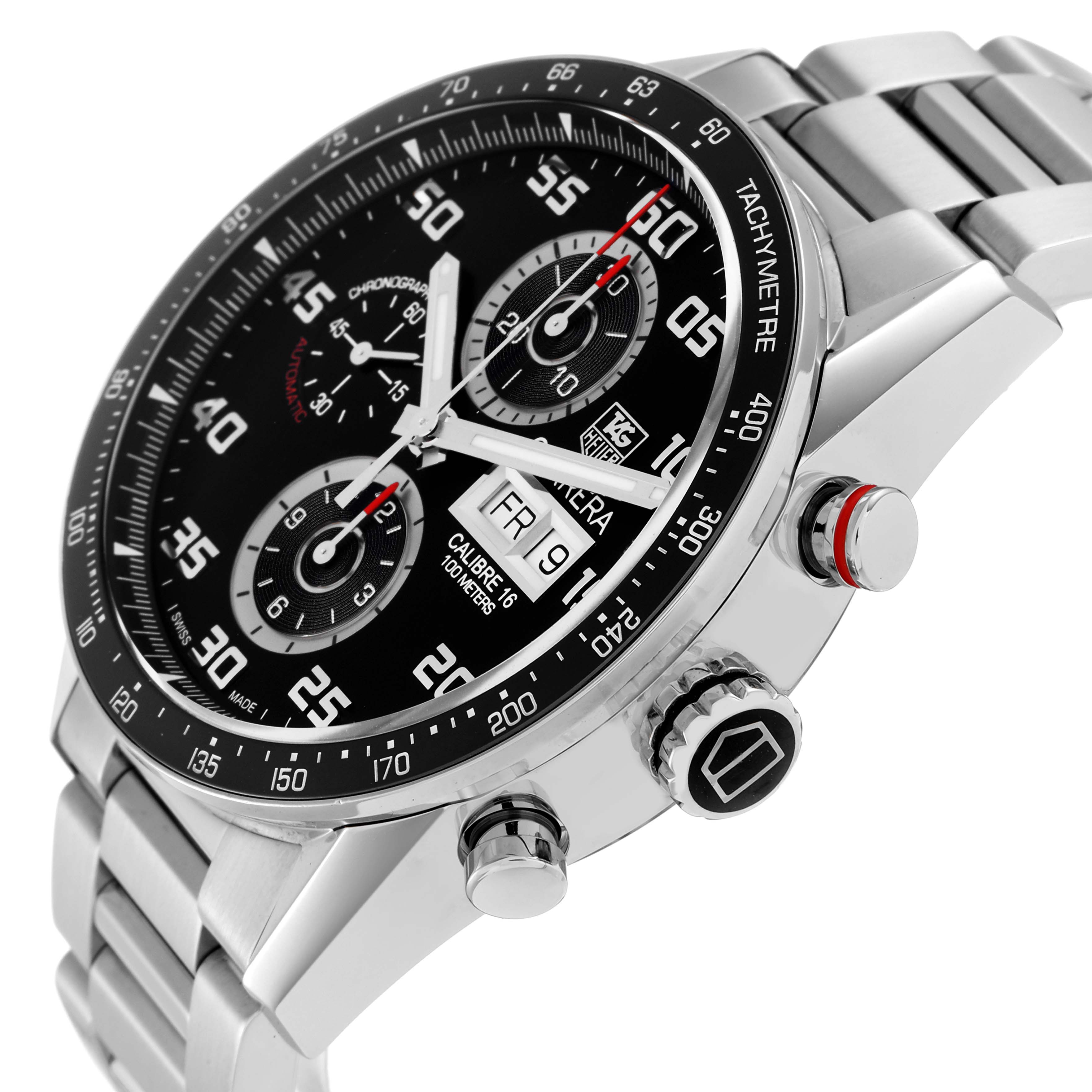 The Tag Heuer Carrera CV2A1R Men
s Stainless Steel Black Dial watch is shown at an angled view, highlighting the bezel, dial, chronograph buttons, and bracelet.