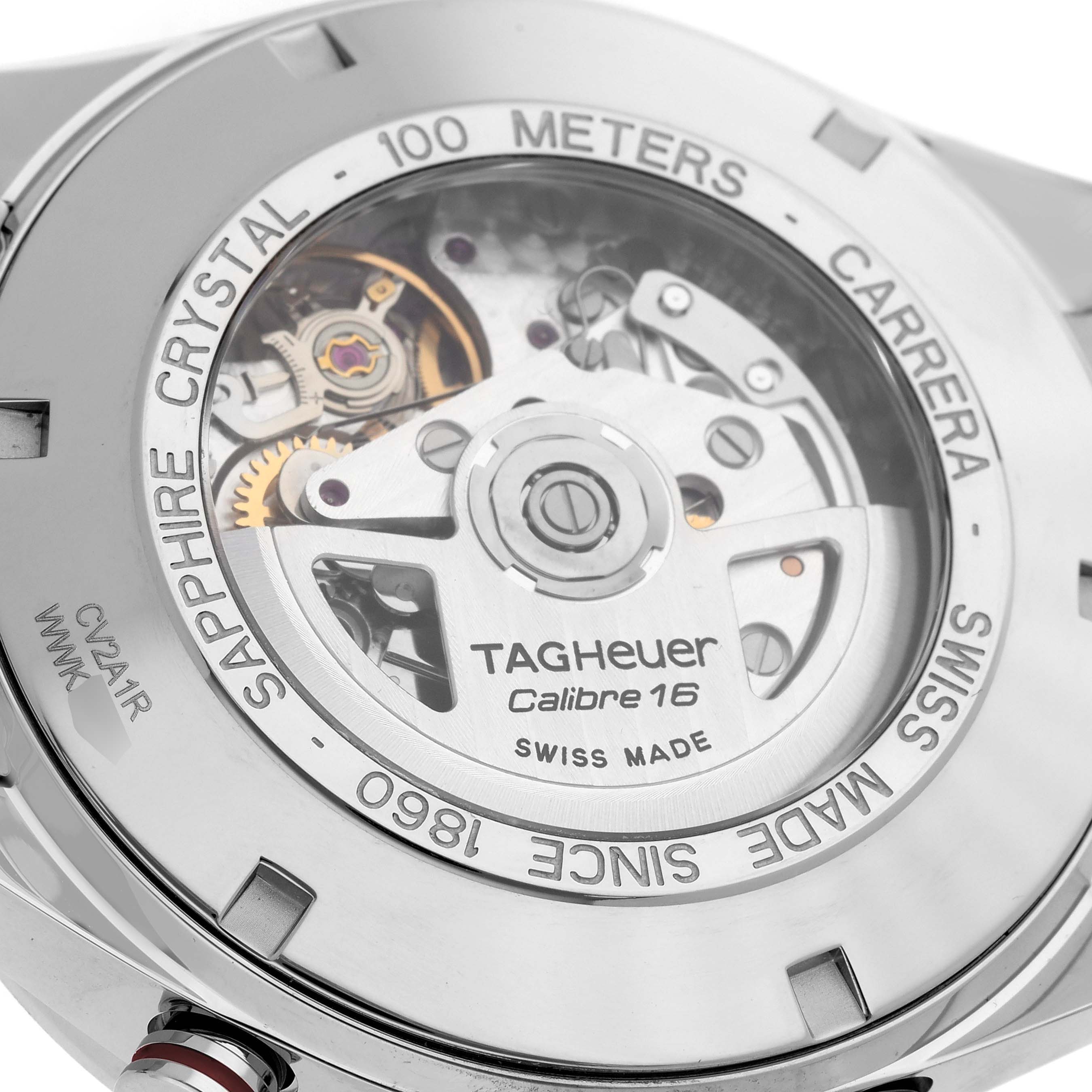 The image shows the back of a Tag Heuer Carrera CV2A1R Men
s Stainless Steel Black Dial watch, highlighting the Calibre 16 movement through a transparent case.