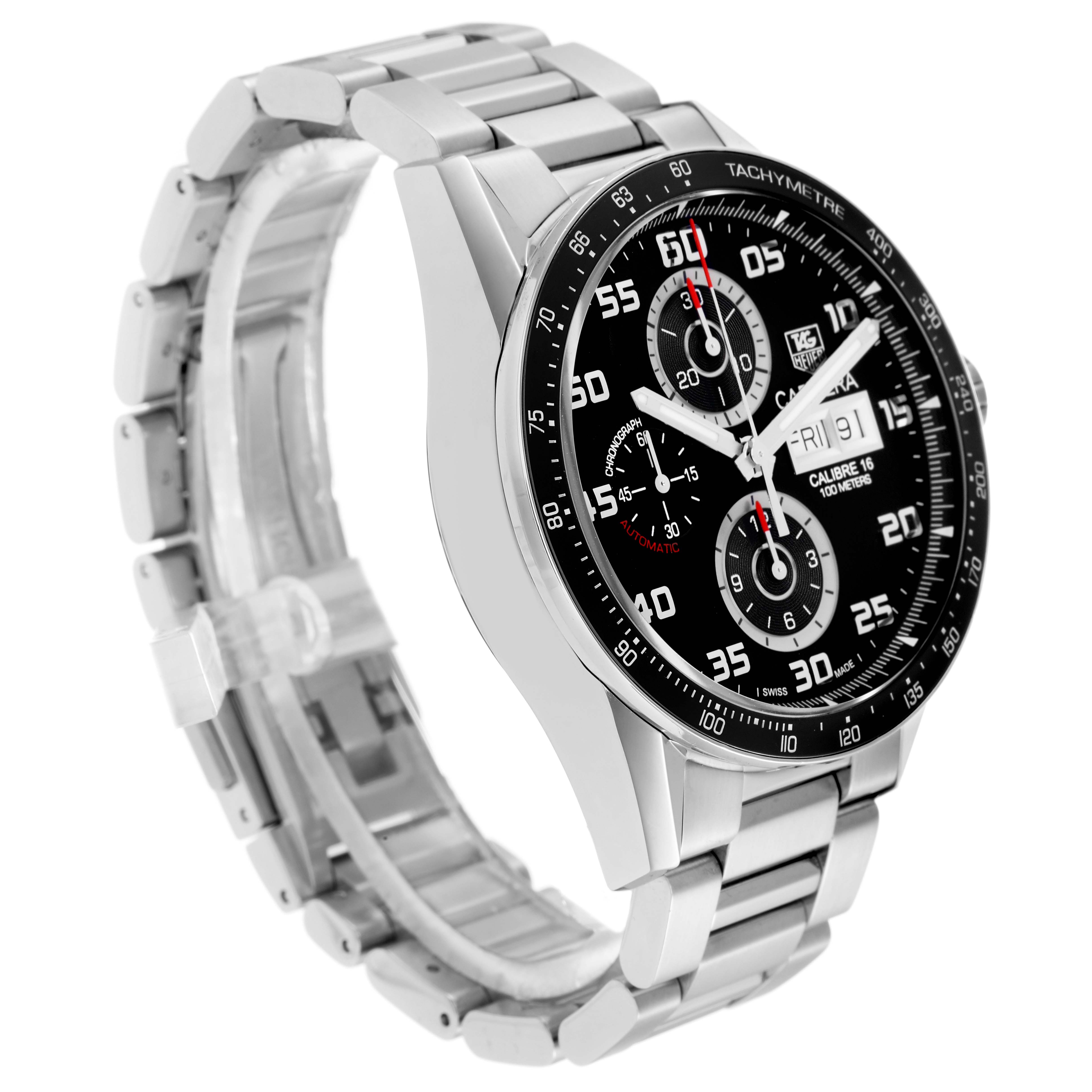 The Tag Heuer Carrera CV2A1R Men
s Stainless Steel Black Dial watch is shown at a three-quarter angle, highlighting the dial, bezel, and stainless steel bracelet.