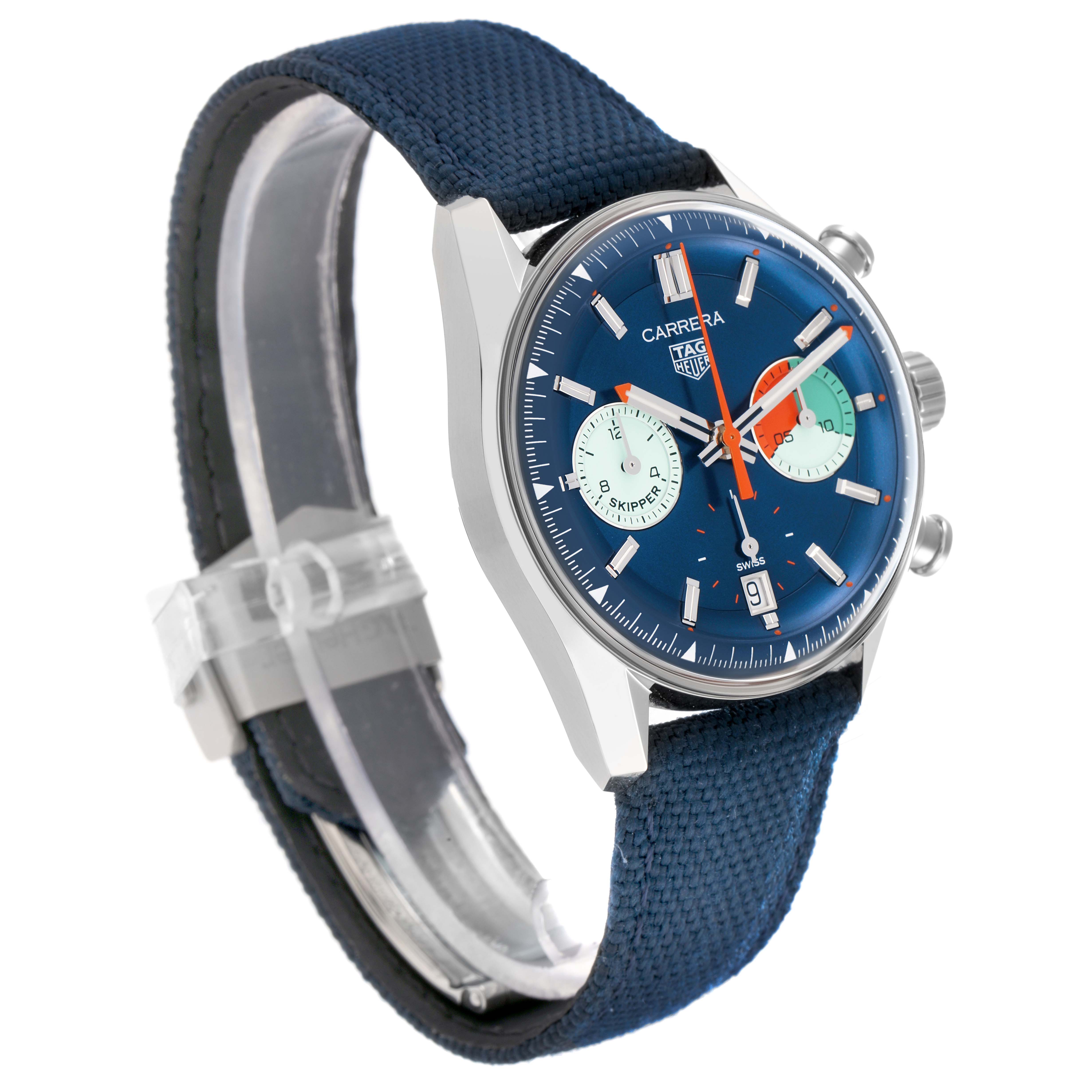 The Tag Heuer Carrera CBS2213 Men
s Stainless Steel Blue Dial watch is shown at a three-quarter angle, displaying the face, crown, chronograph buttons, and strap.