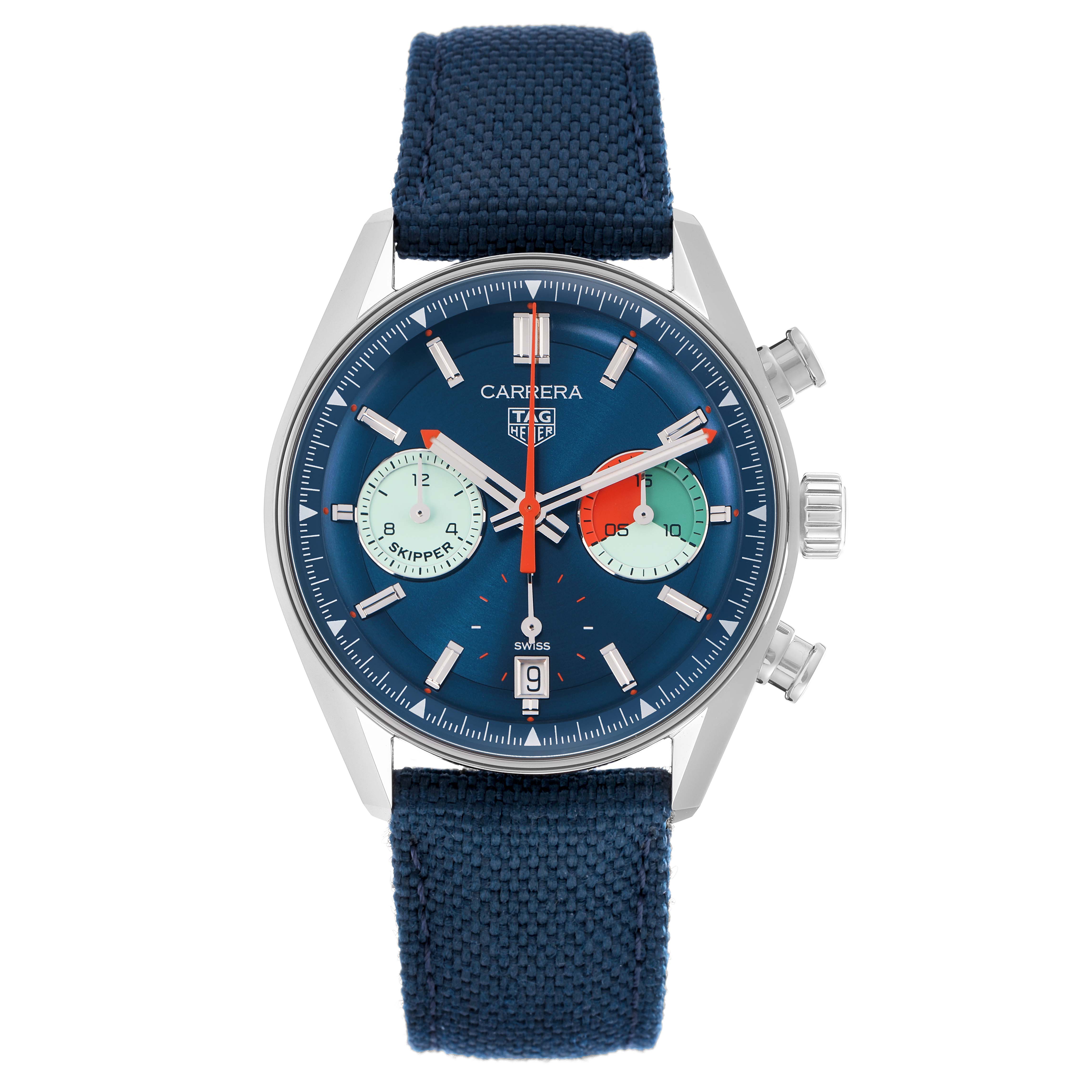 The Tag Heuer Carrera CBS2213 Men
s Stainless Steel Blue Dial watch is shown from a direct front angle, displaying the blue dial, subdials, and fabric strap.