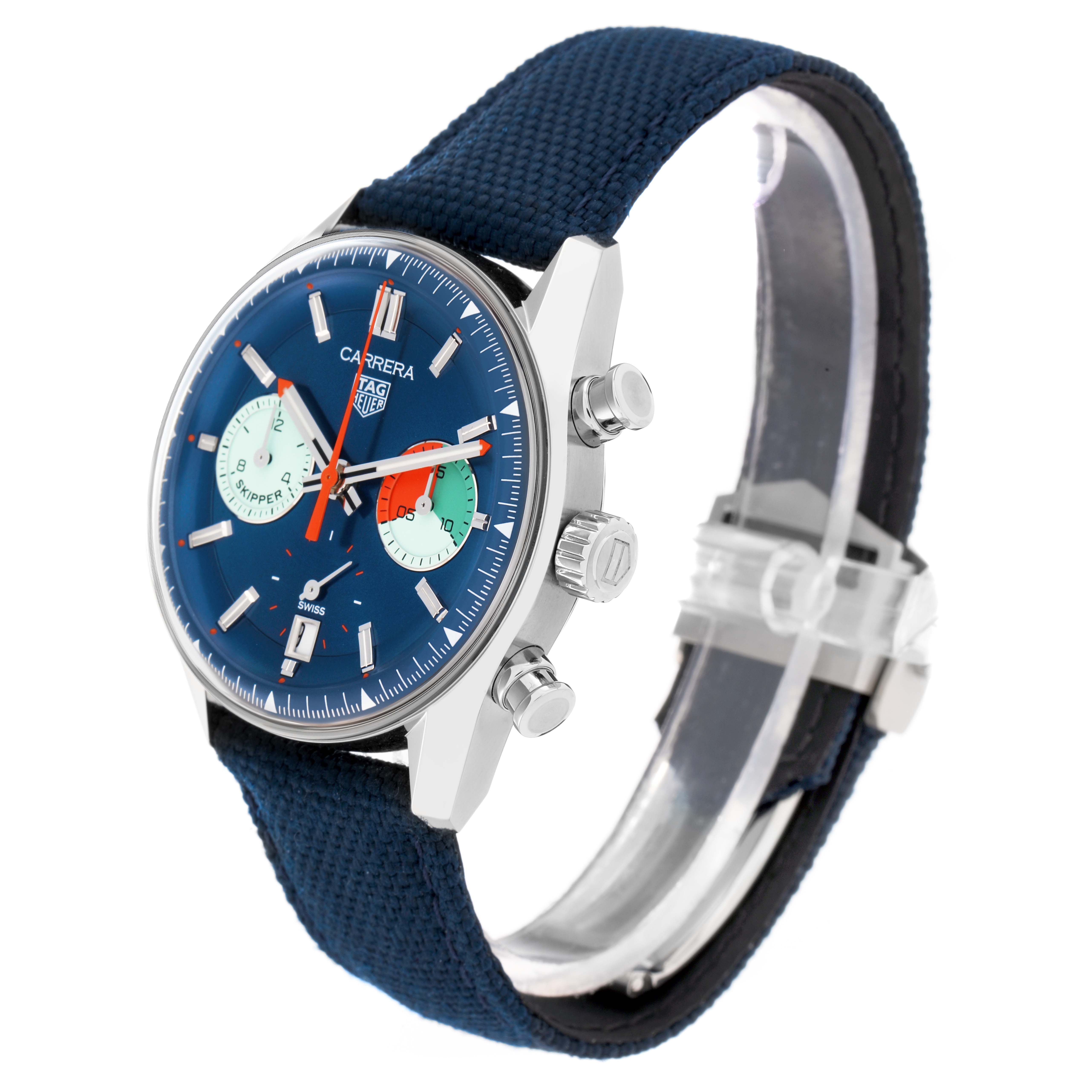 The Tag Heuer Carrera CBS2213 Men
s Stainless Steel Blue Dial watch is shown at a slight angle, revealing the face, crown, pushers, and part of the strap.
