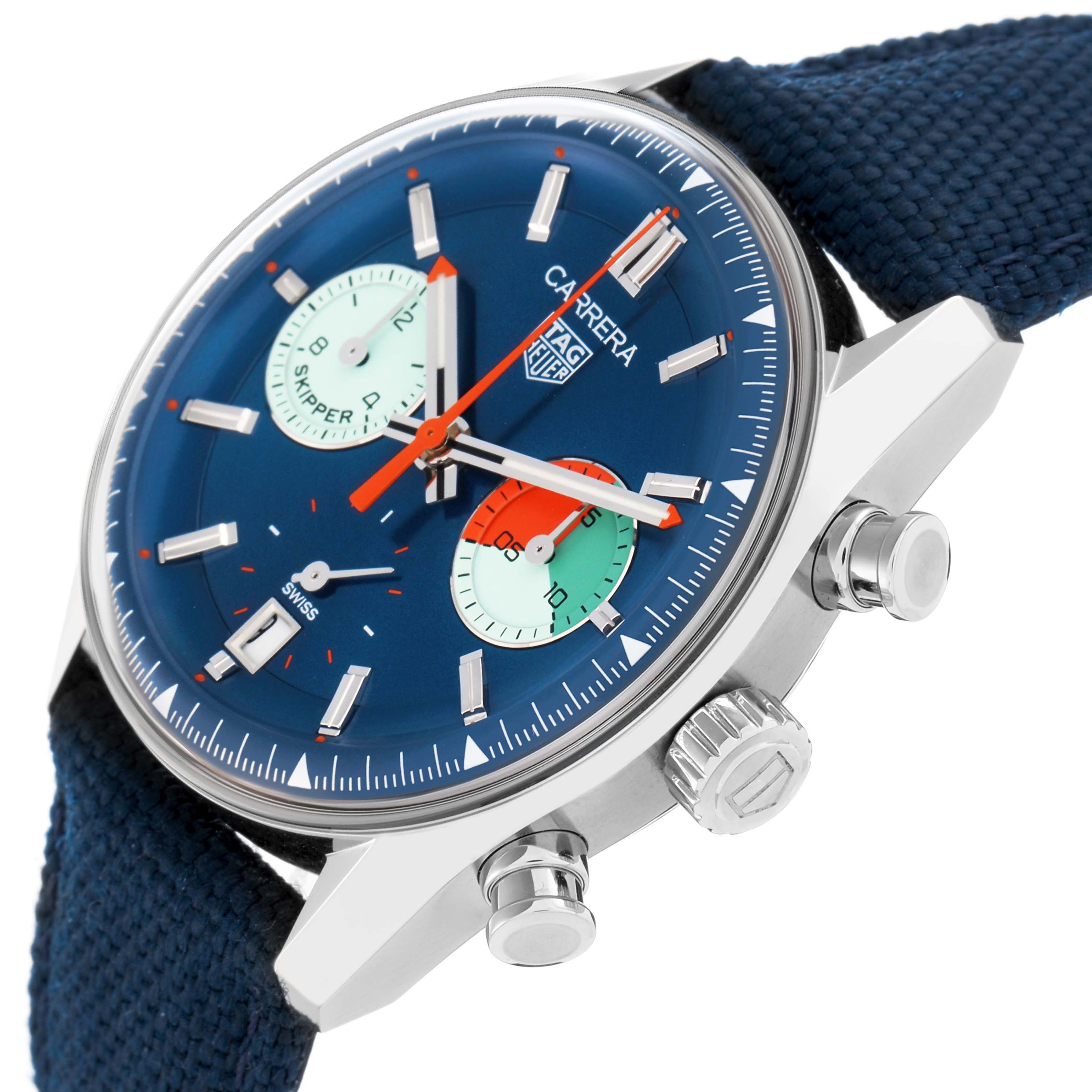 The Tag Heuer Carrera CBS2213 Men
s Stainless Steel Blue Dial watch is shown at an angle highlighting its blue dial, subdials, crown, and pushers.